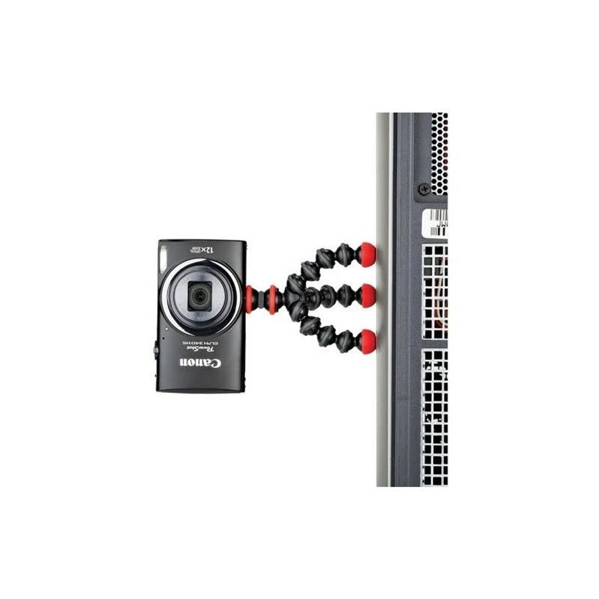 A camera mounted on a flexible tripod attached to a metal pole, against a white background.