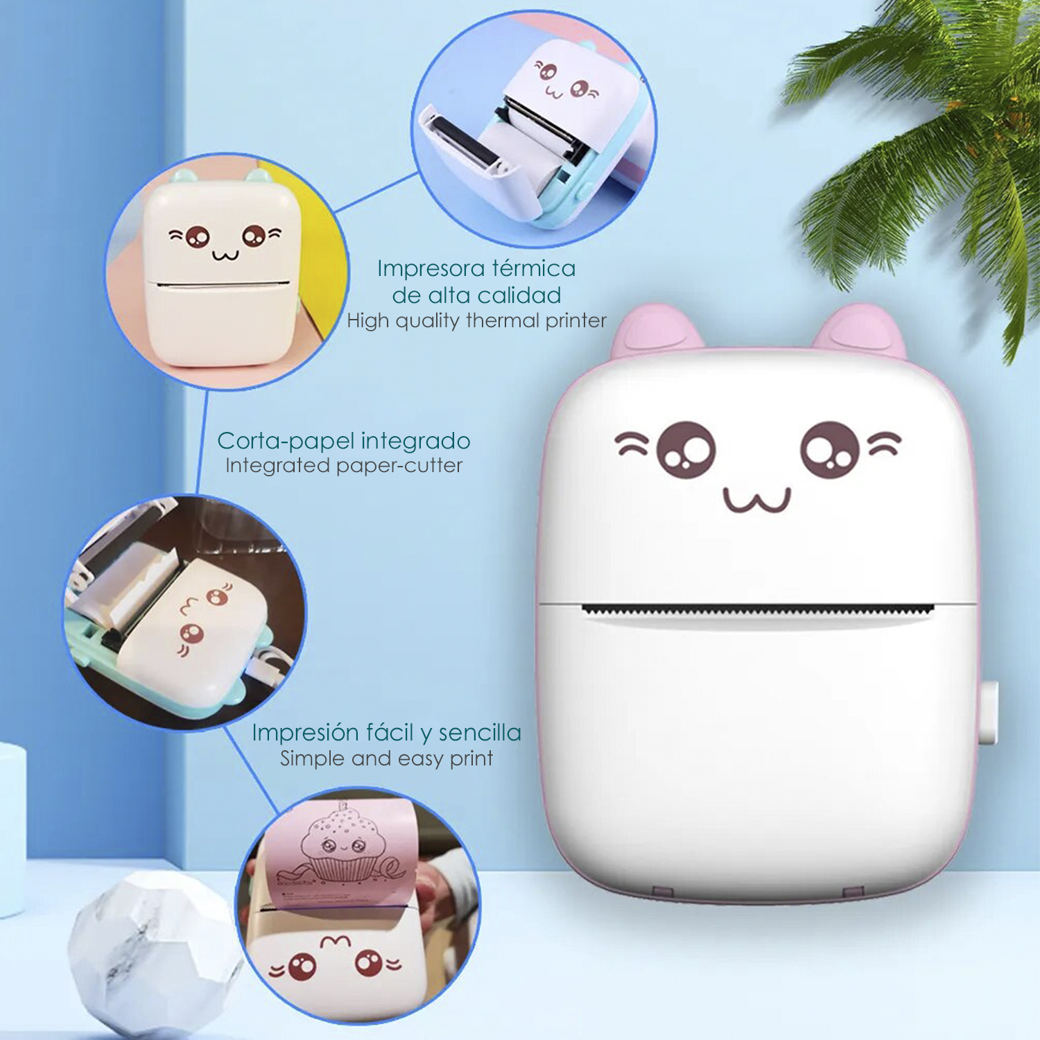 Una impresora térmica estilo kawaii con una cara sonriente, varias funciones se muestran en detalle.