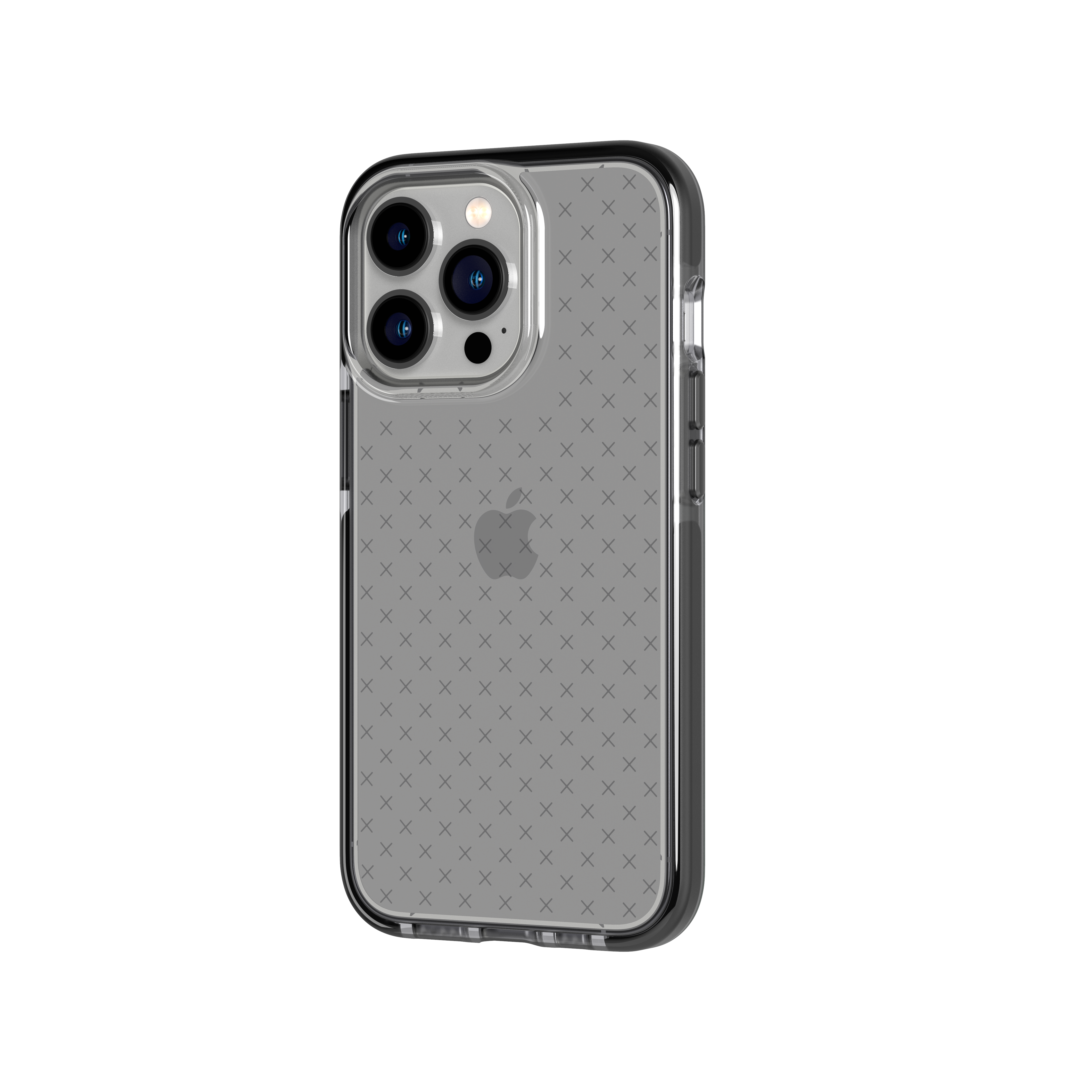 Ein iPhone in einer durchsichtigen Hülle, zeigt die Rückseite mit dem Apple-Logo und einem Kreuzmuster.