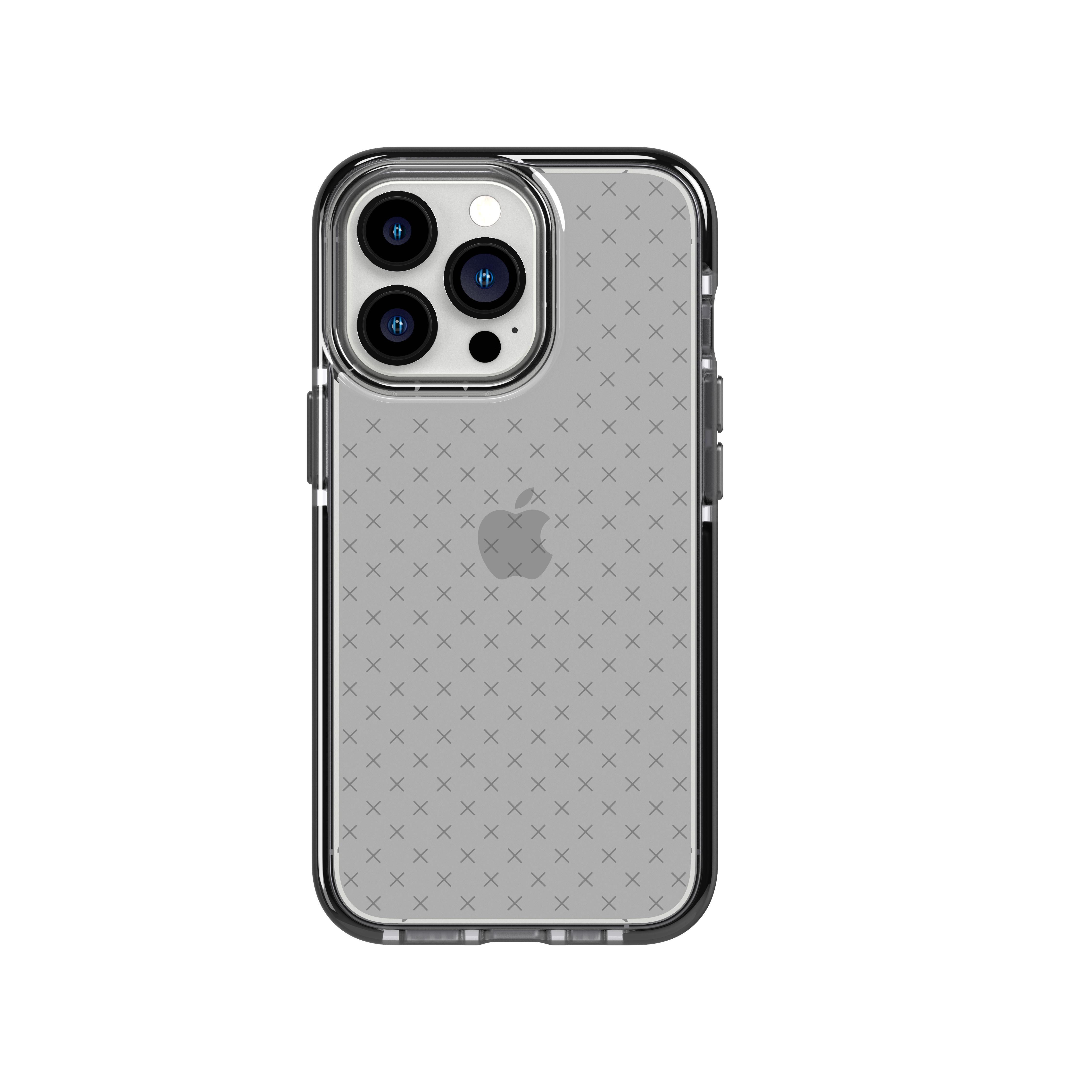 Transparente Handyhülle auf schwarzem Hintergrund. iPhone mit drei Linsen sichtbar.