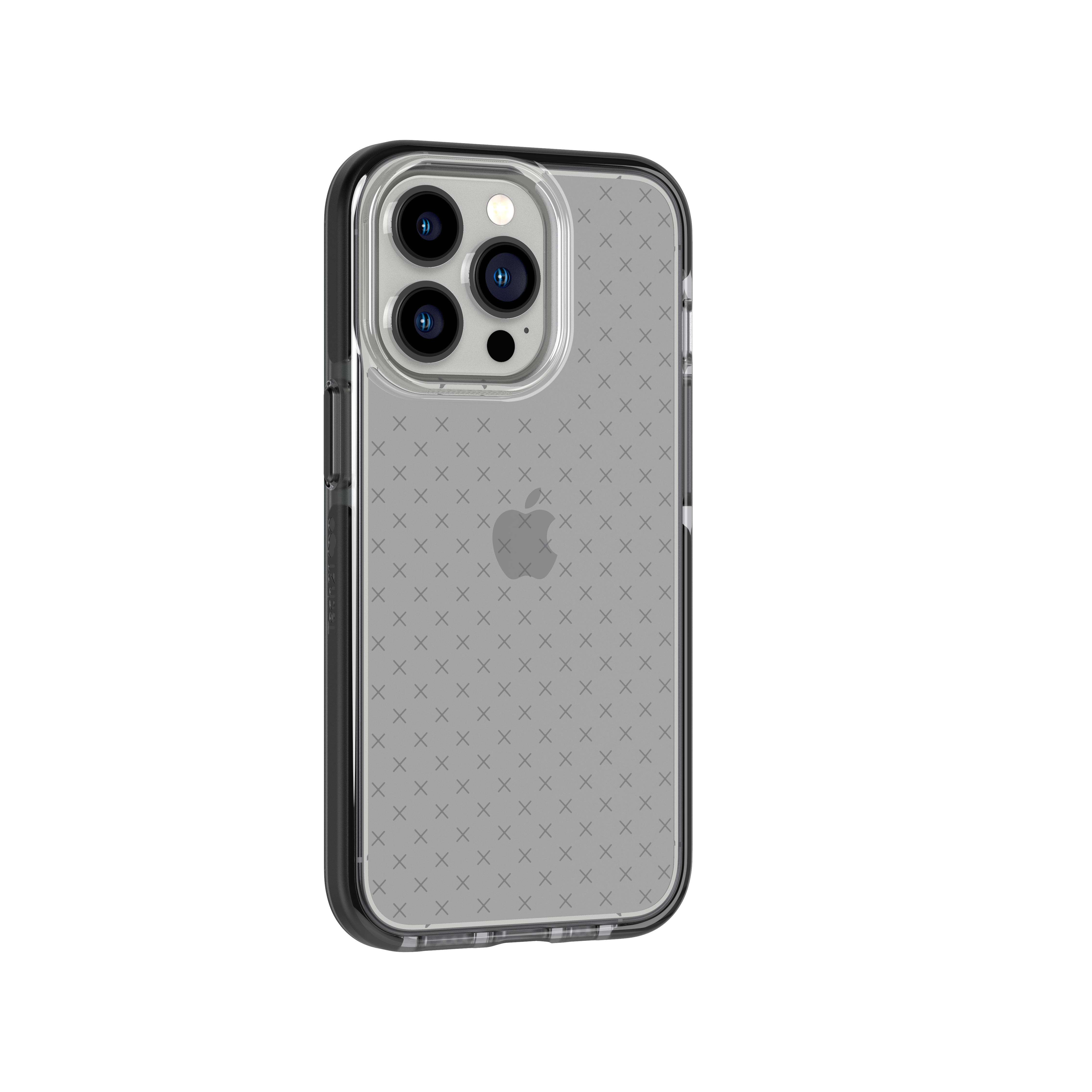 Transparente Handyhülle mit Kreuzmuster und Apple-Logo auf der Rückseite. Die Hülle umgibt ein Telefon.