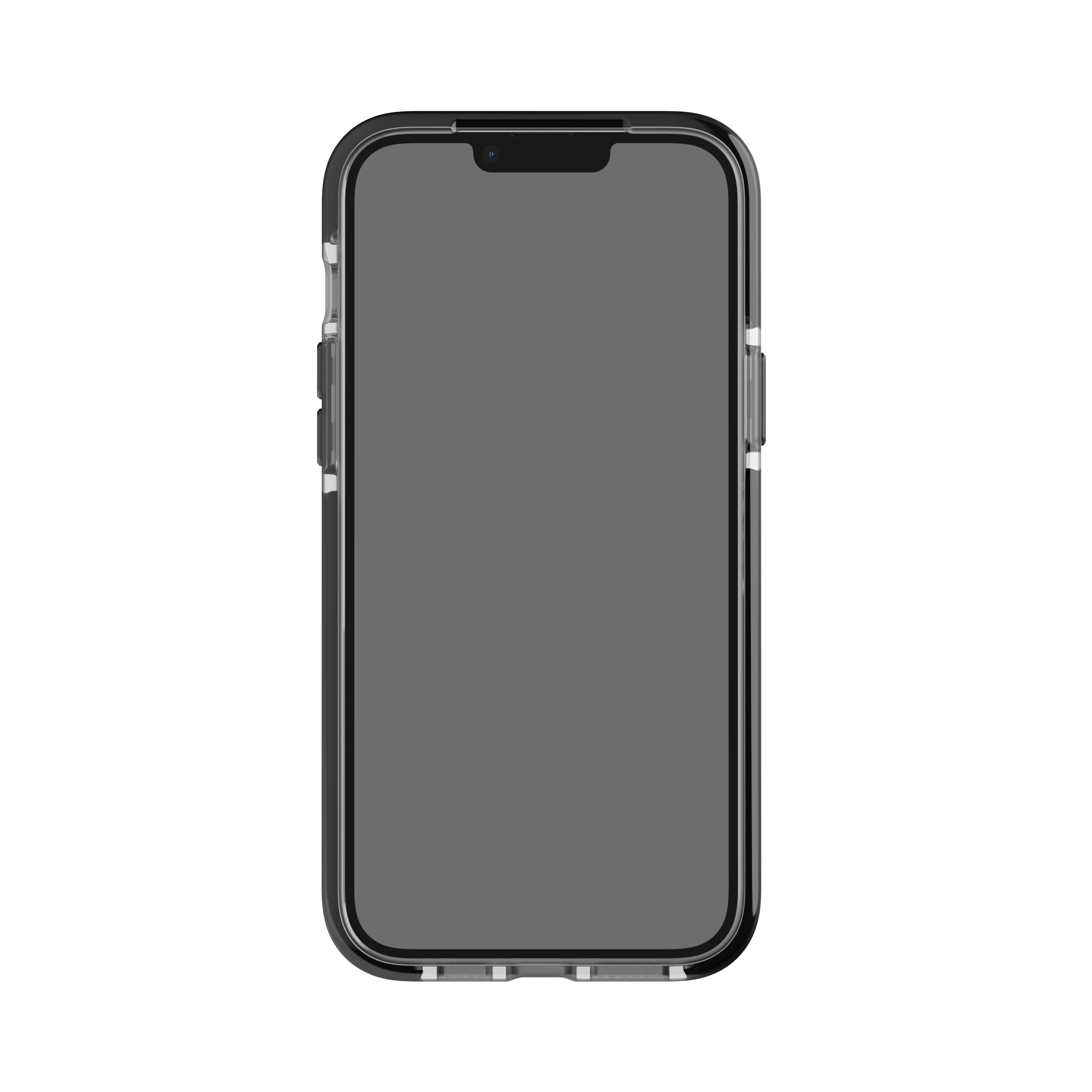 Ein Smartphone in einer durchsichtigen Hülle. Der Bildschirm ist schwarz und zeigt eine Kerbe.