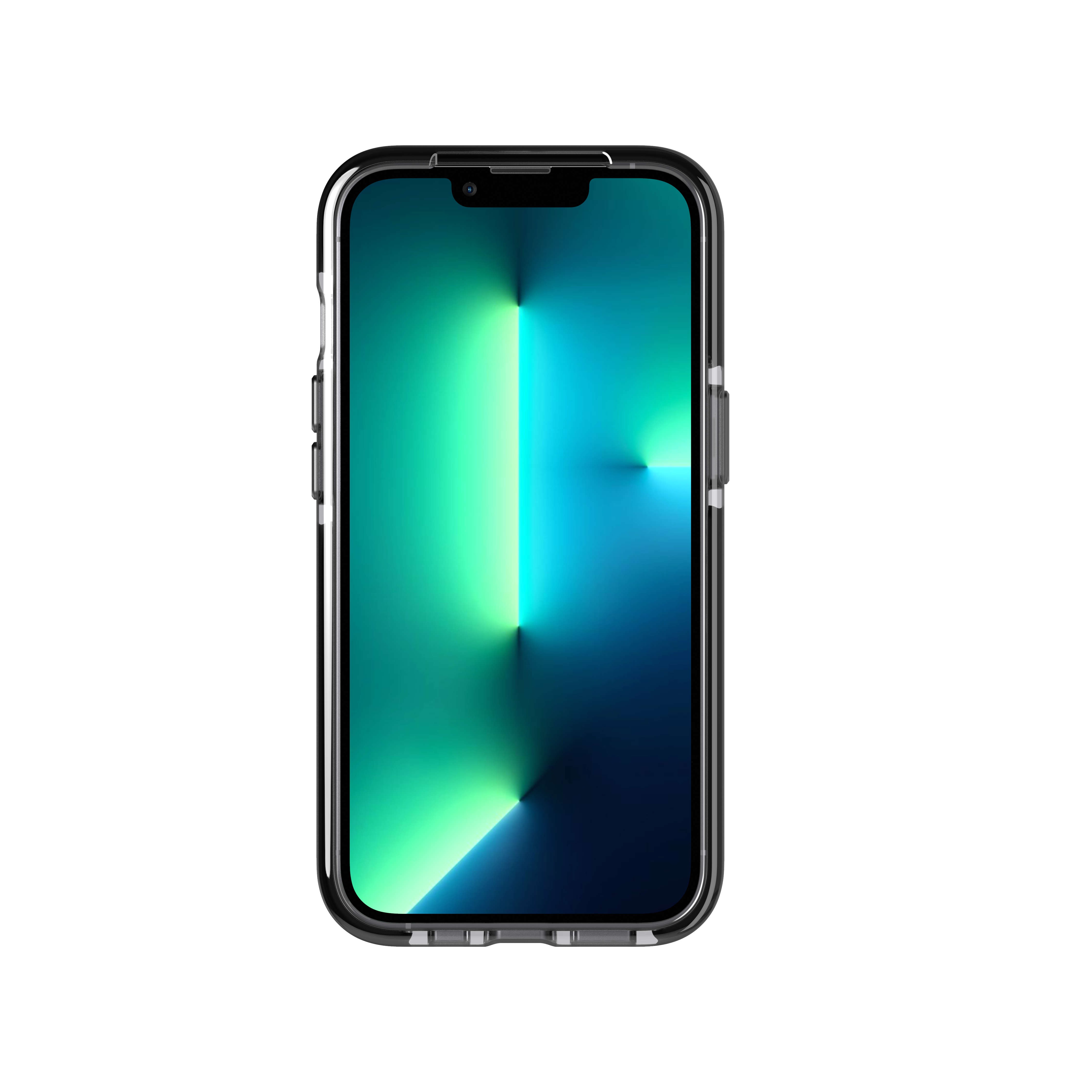 Schwarzes Telefon mit transparentem Gehäuse, das den Bildschirm zeigt. Schwarzer Hintergrund.
