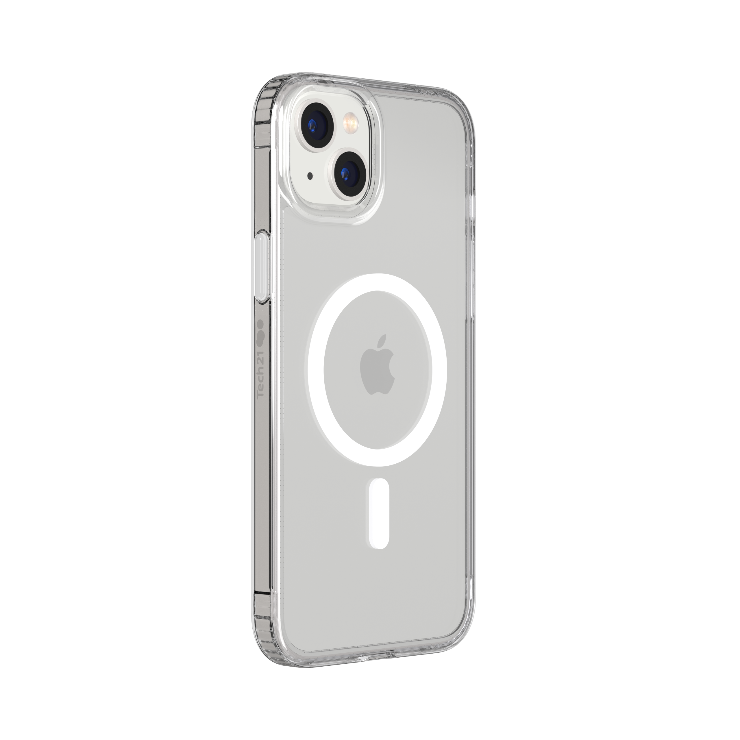 Transparente iPhone-Hülle. iPhone mit zwei Kameras ist darin. Das Apple-Logo ist auf der Rückseite sichtbar.