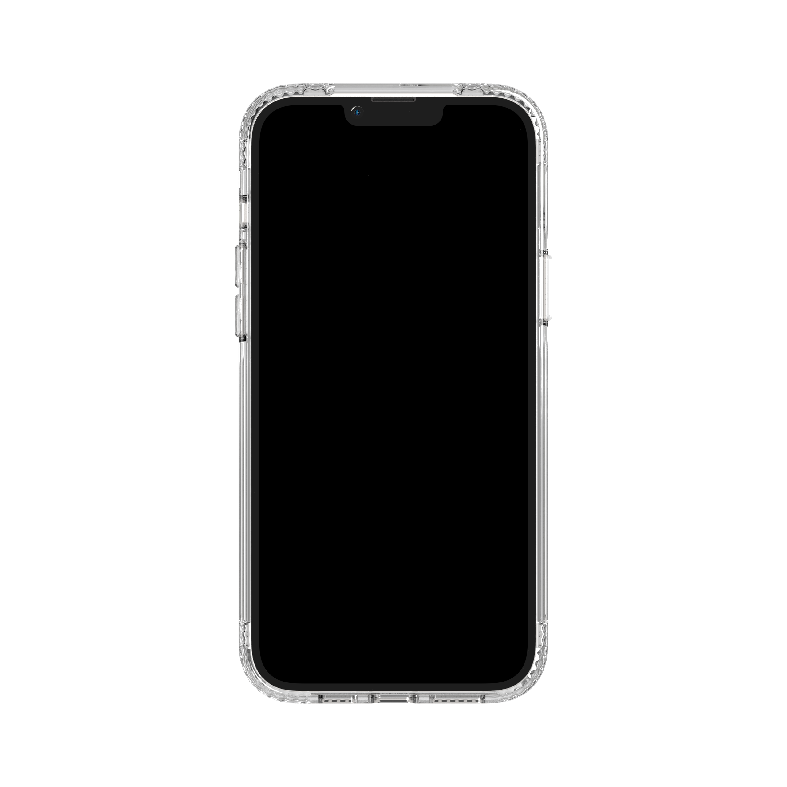 Ein Telefon in einer transparenten Schutzhülle. Der Bildschirm ist schwarz, die Hülle ist transparent.