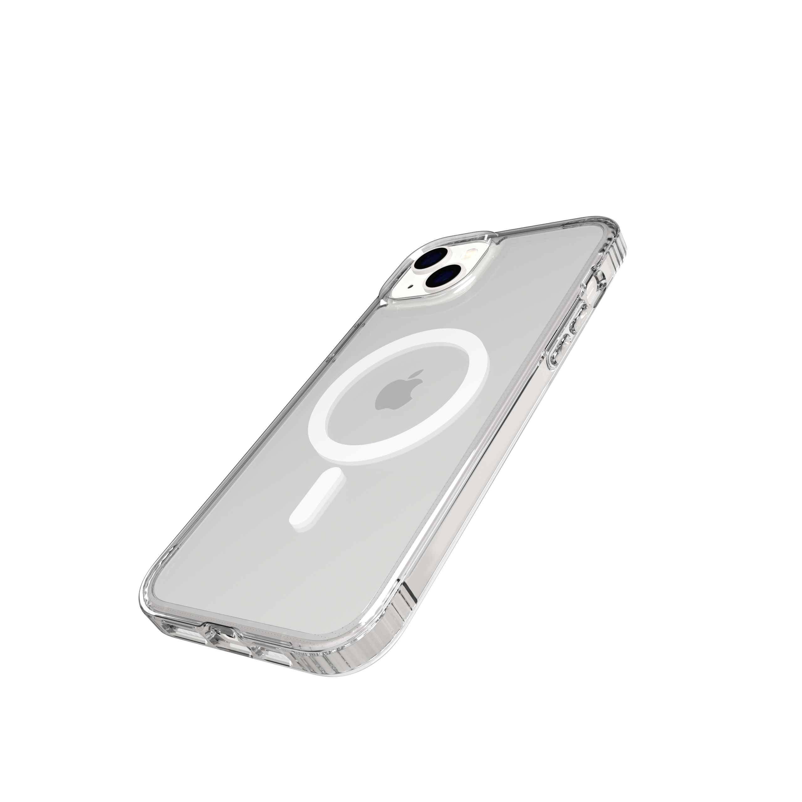 Eine transparente iPhone-Hülle mit MagSafe. Das Telefon ist durch die transparente Hülle sichtbar, mit dem Apple-Logo.