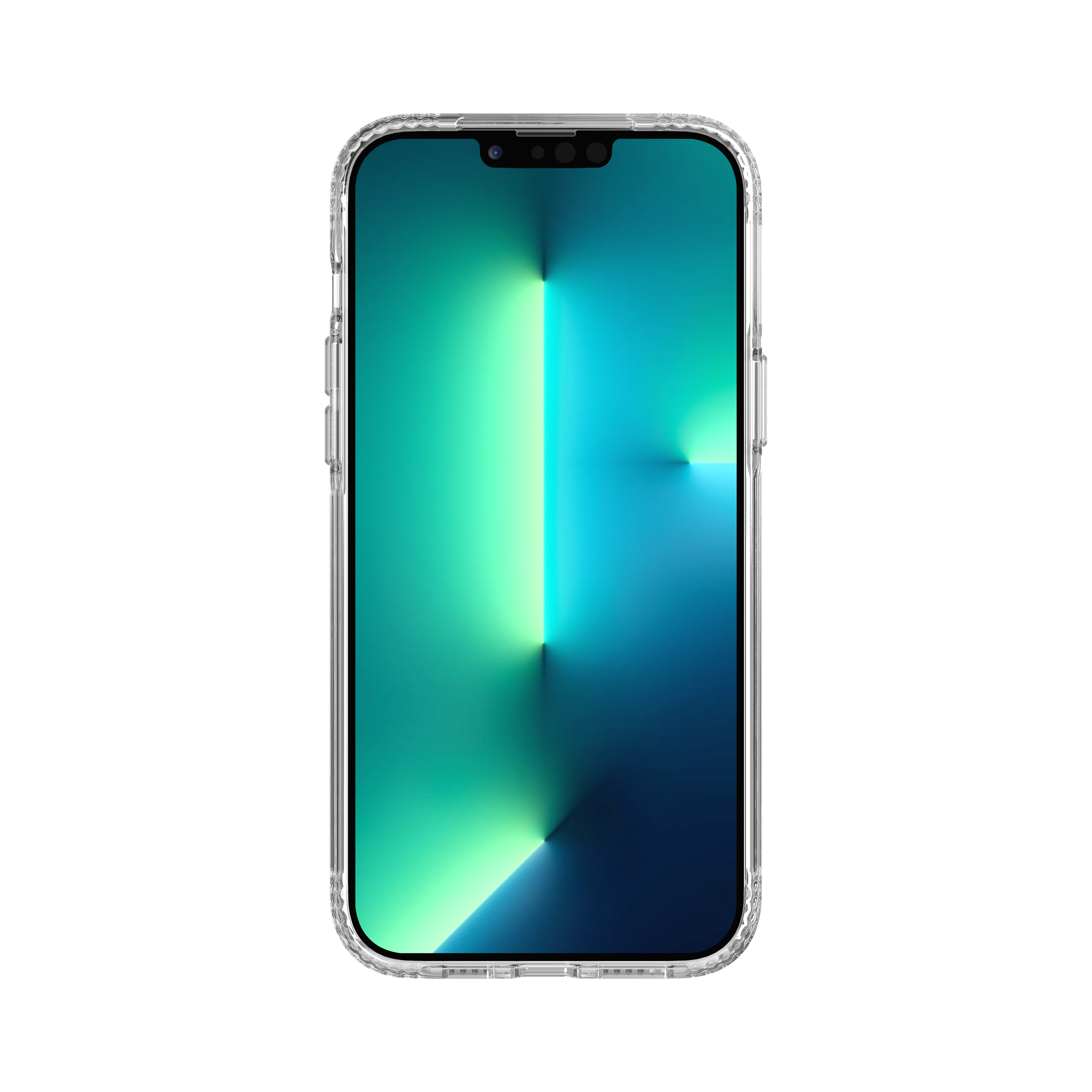 Eine transparente iPhone-Hülle. Das Telefon ist auf schwarzem Hintergrund. Es hat einen hellblau-grünen Farbverlauf.