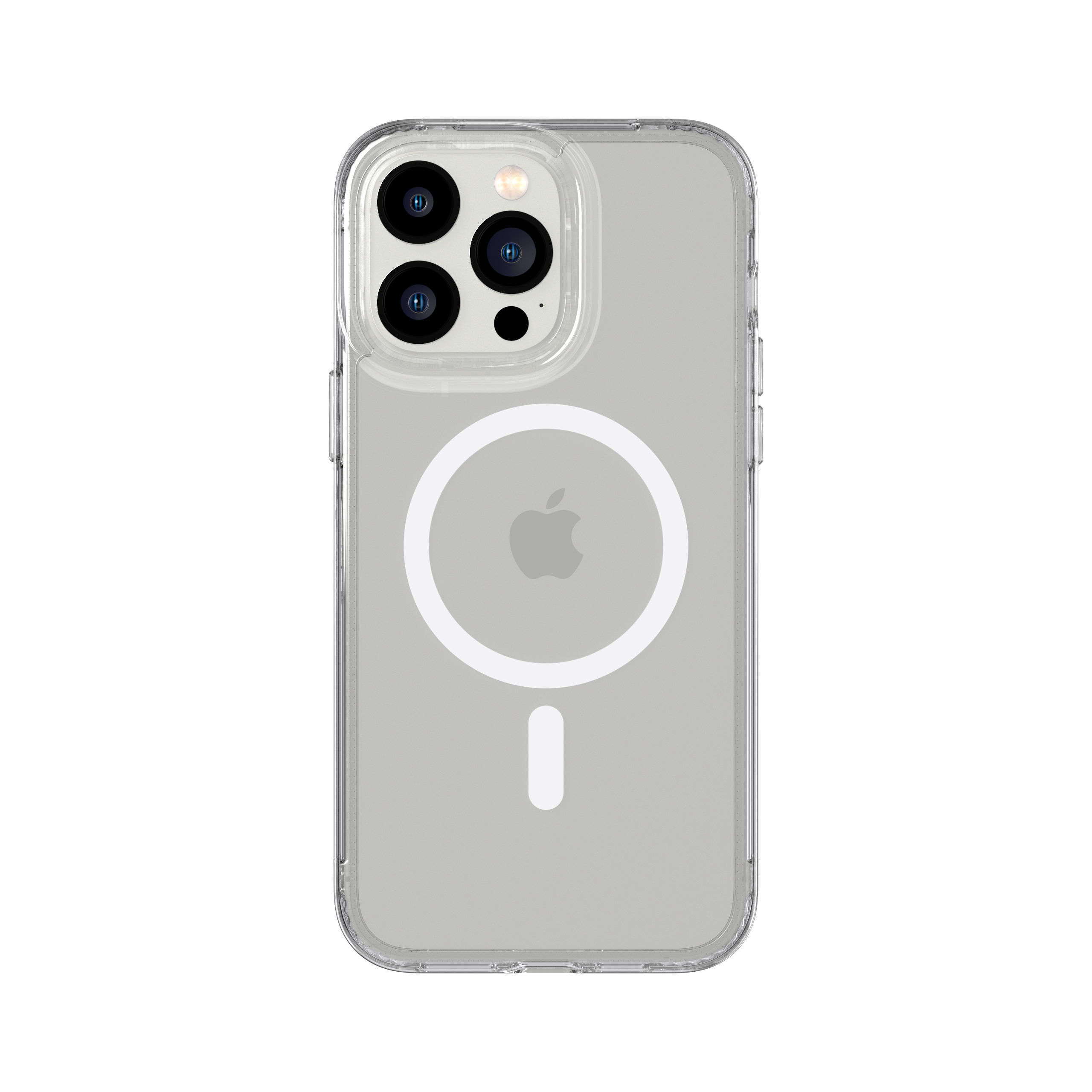 Eine transparente Handyhülle mit einem iPhone. Das Apple-Logo und die Kamera sind sichtbar.