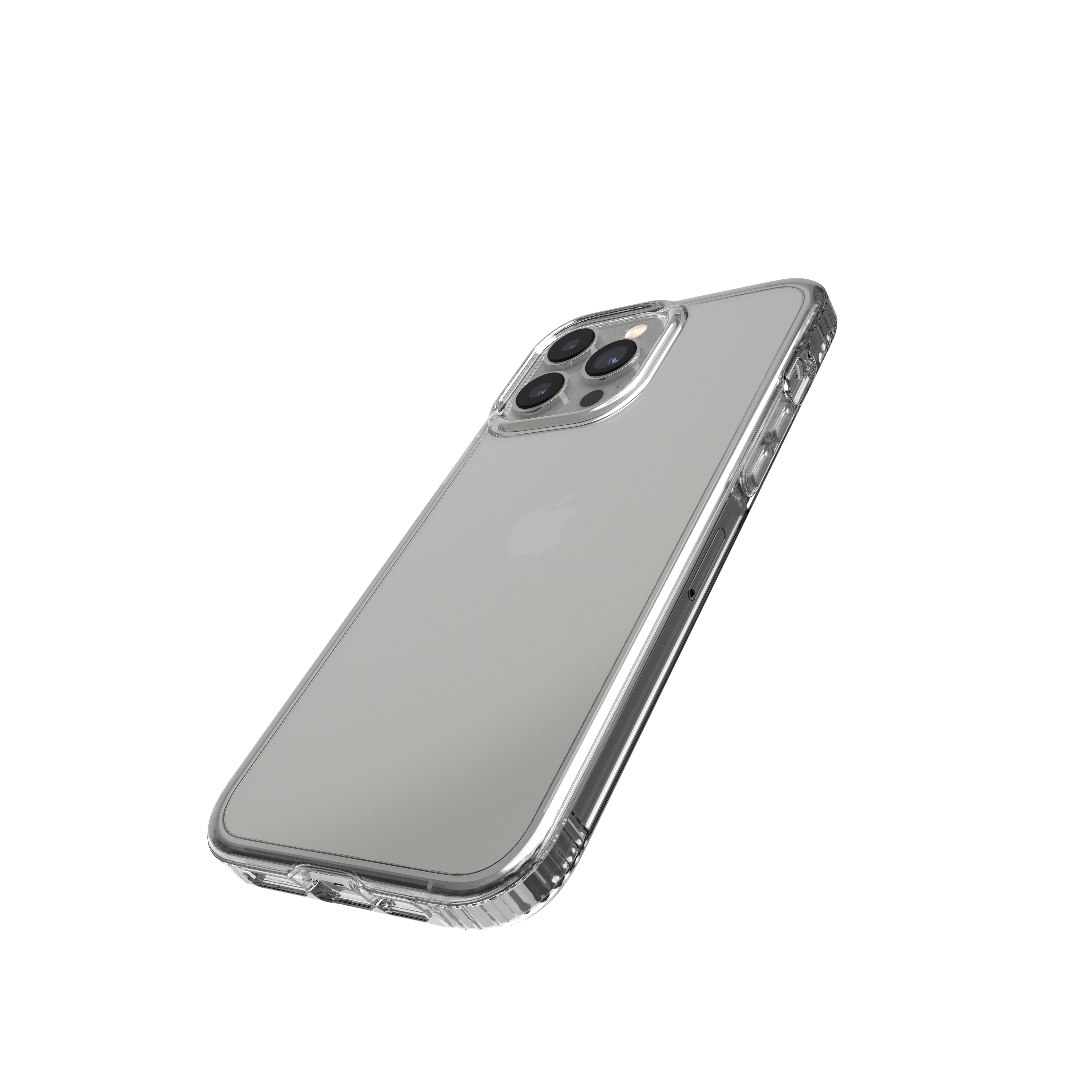 Transparente Handyhülle auf schwarzem Hintergrund. Die Hülle bedeckt ein Handy.