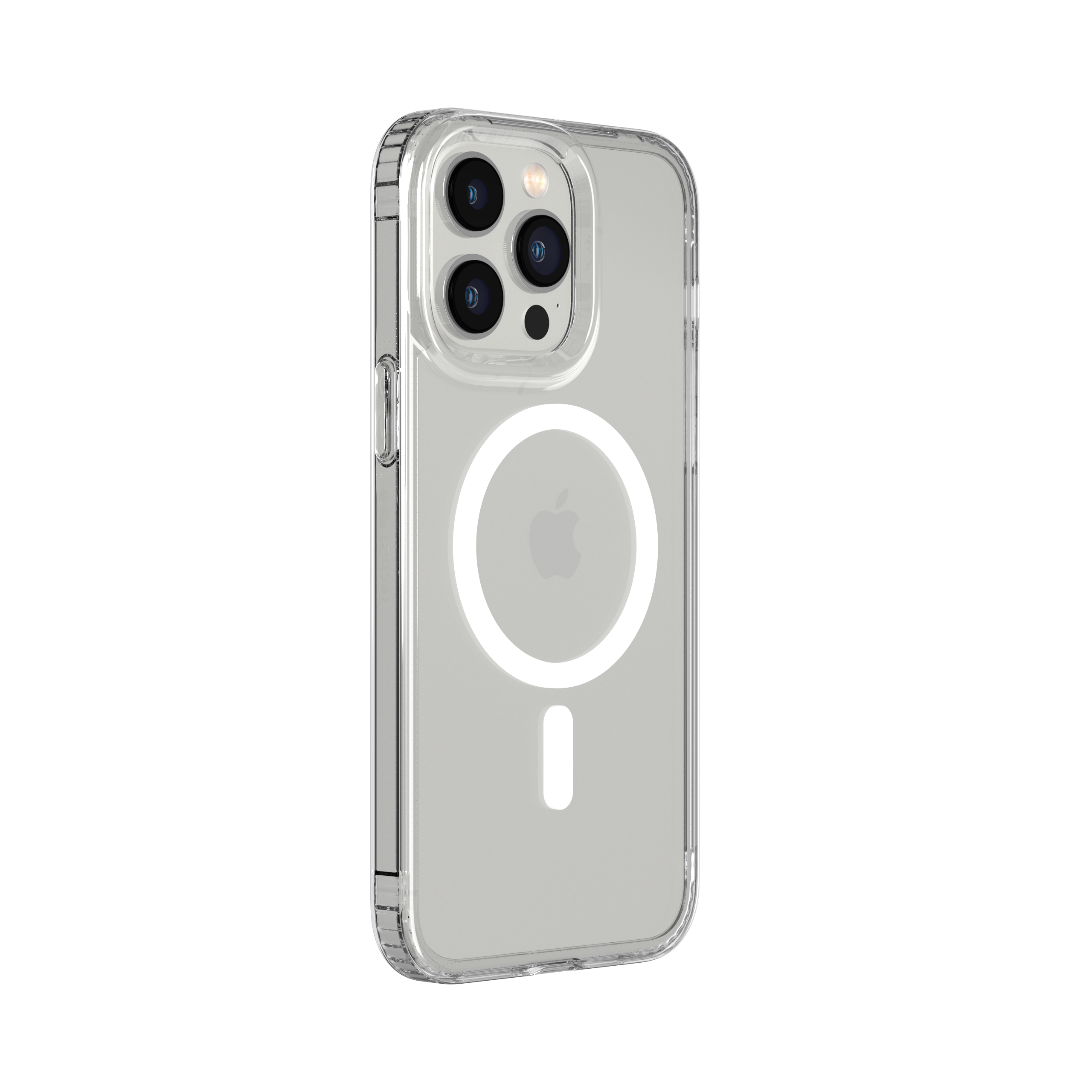 Transparente Handyhülle mit Apple-Logo. Die Kameralinsen sind auf der Rückseite sichtbar.