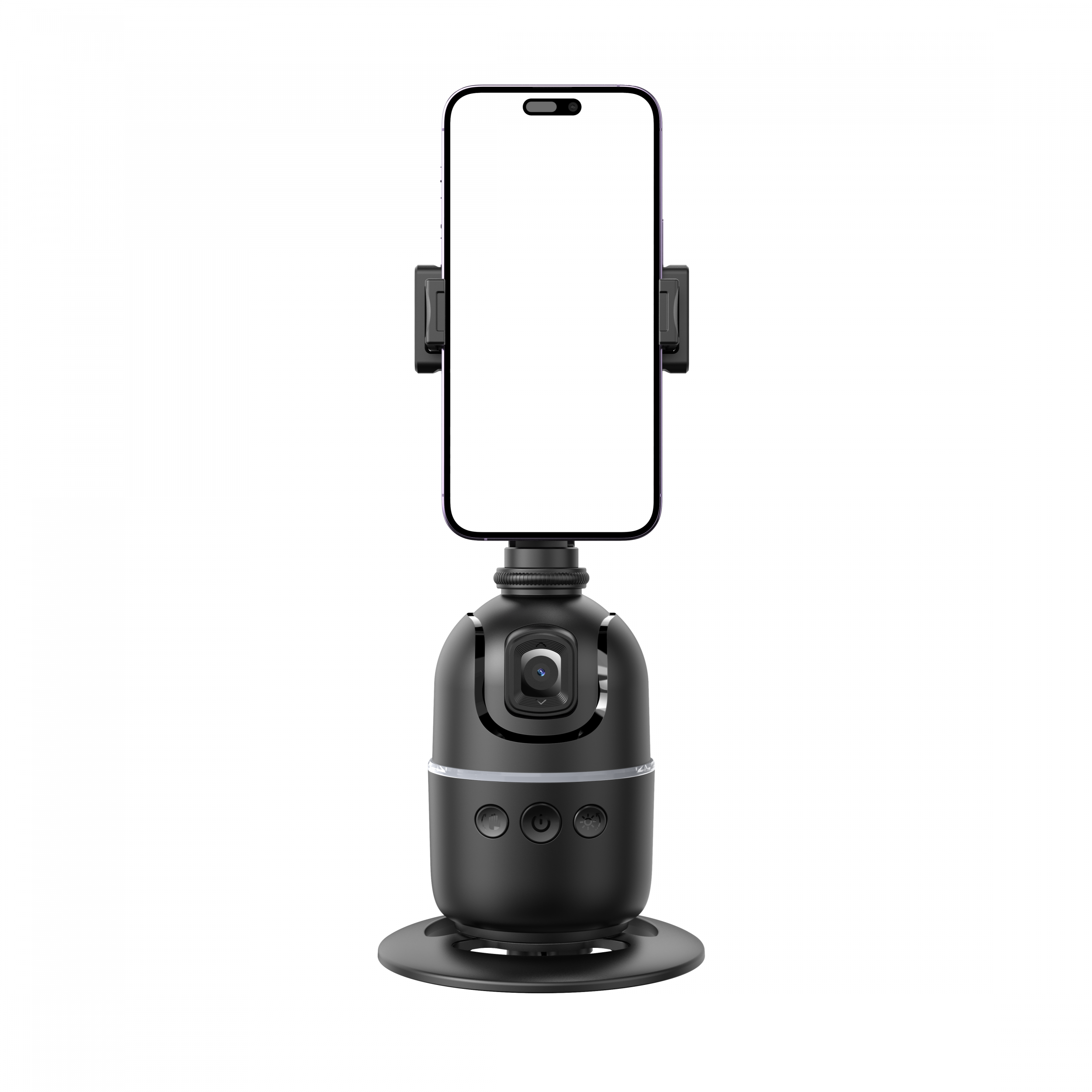 Schwarzes Smartphone auf einem schwarzen Roboterständer montiert. Der Bildschirm ist leer.