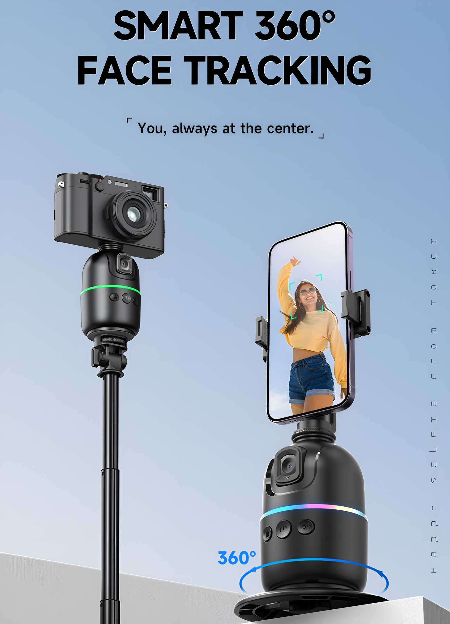Ein Face-Tracking-Gerät mit Kamera und Telefonhalter, mit einer Frau, die ihr Telefon benutzt.