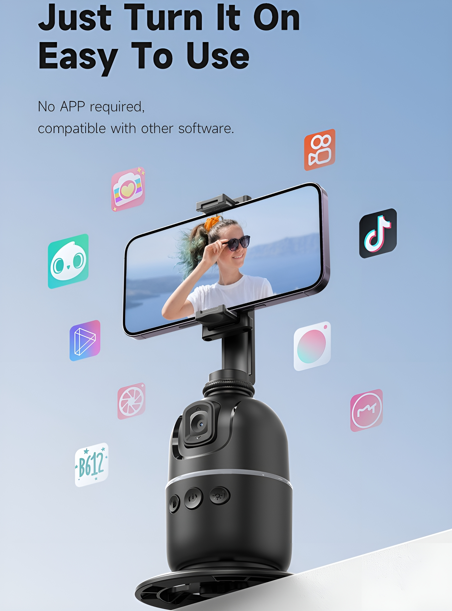 Ein Telefon auf einem schwarzen Stabilisator mit App-Symbolen. Es ist einfach zu bedienen.