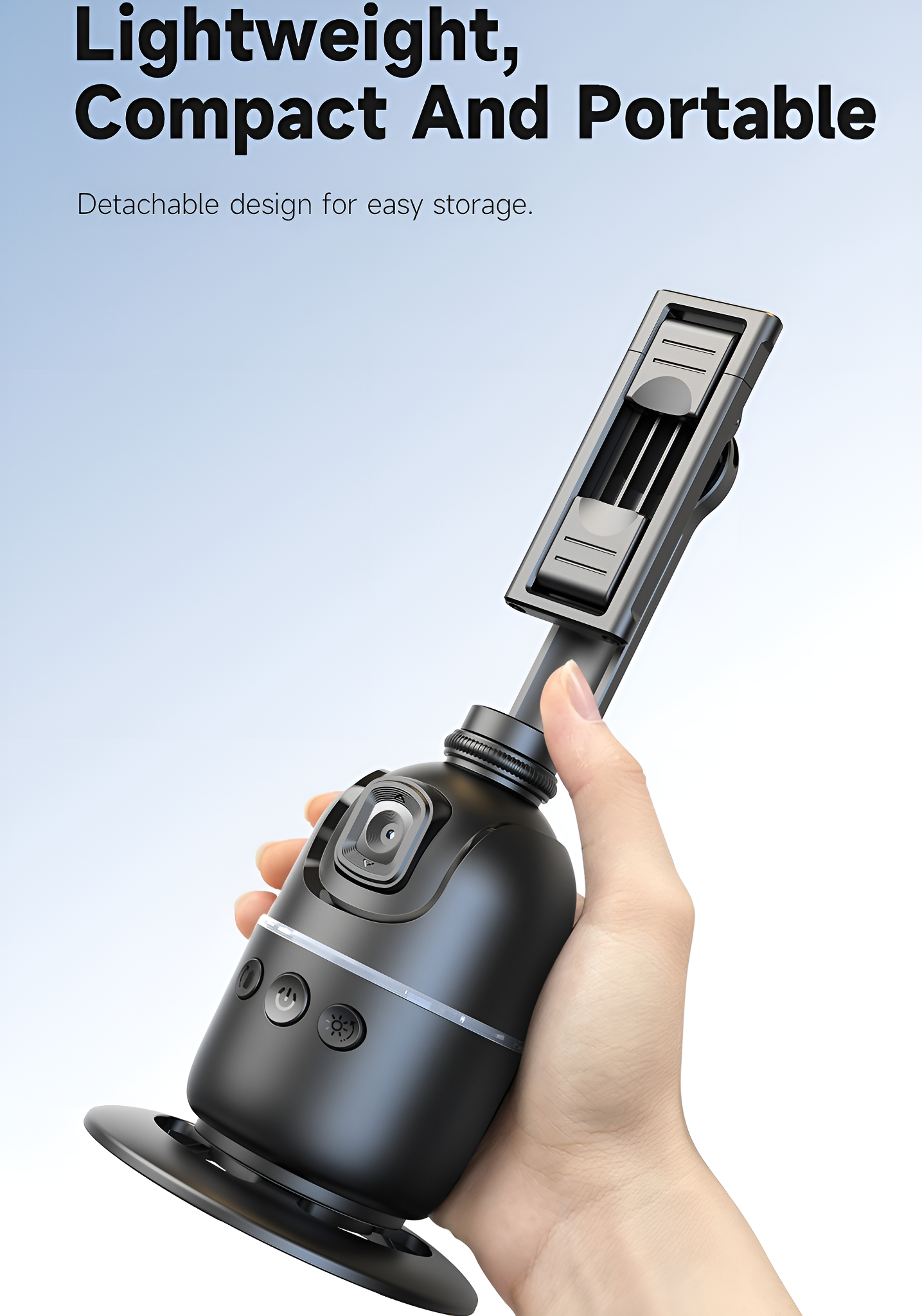 Hand hält ein schwarzes, kompaktes, tragbares Gerät. Es hat eine Kamera, Knöpfe und eine Telefonhalterung.
