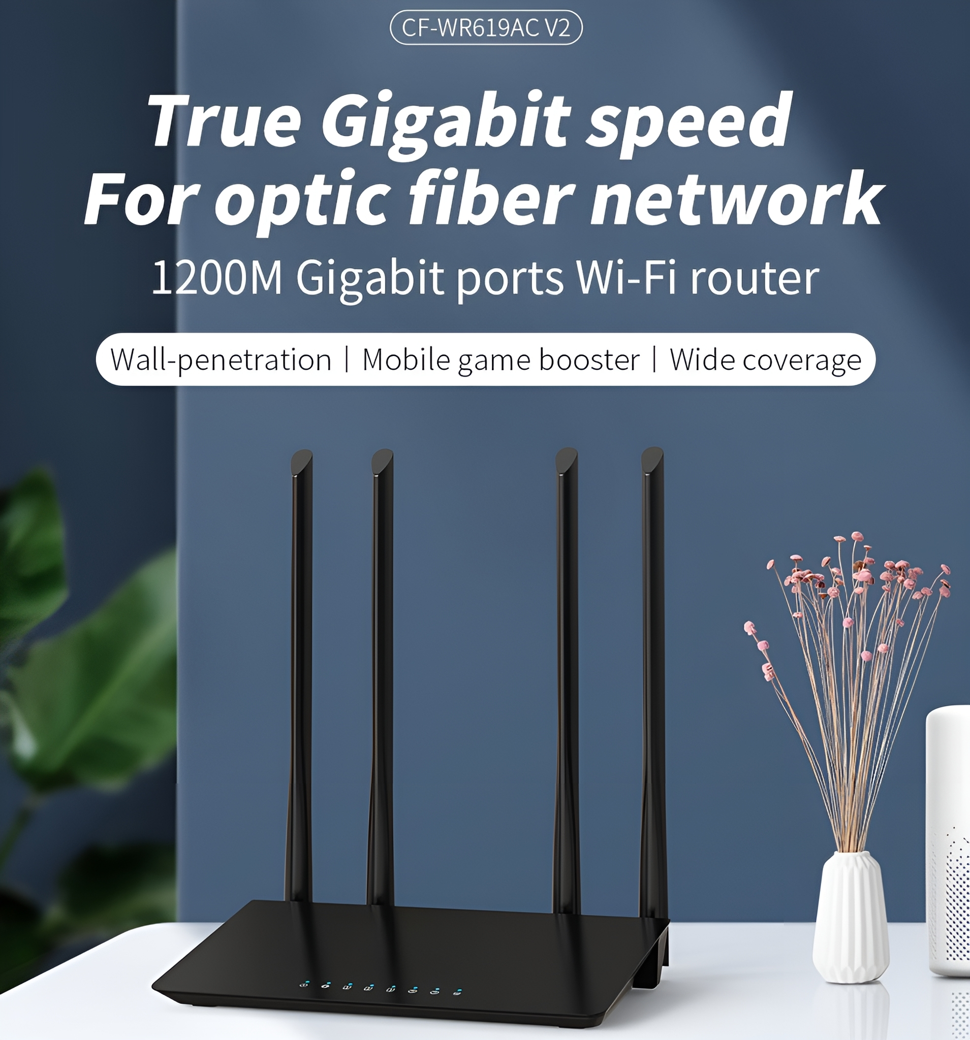 Schwarzer WLAN-Router mit Antennen und einigen Blumen an der Seite.