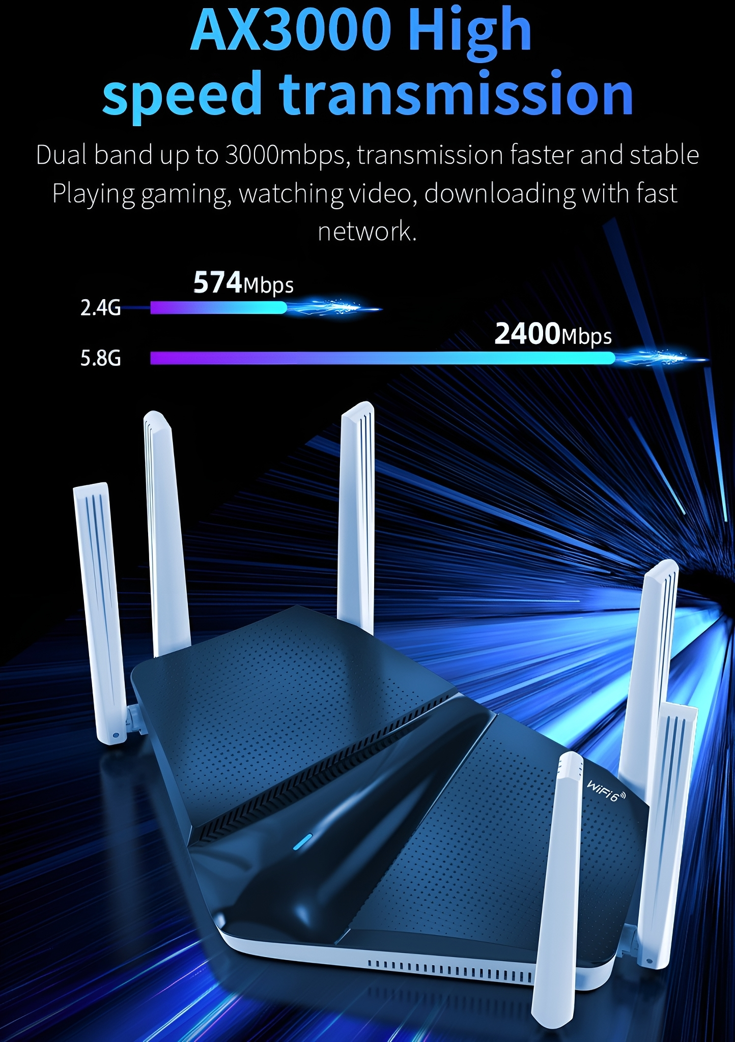 WLAN-Router mit Antennen, blau-weißes Farbschema, Hochgeschwindigkeitsdatenübertragung.