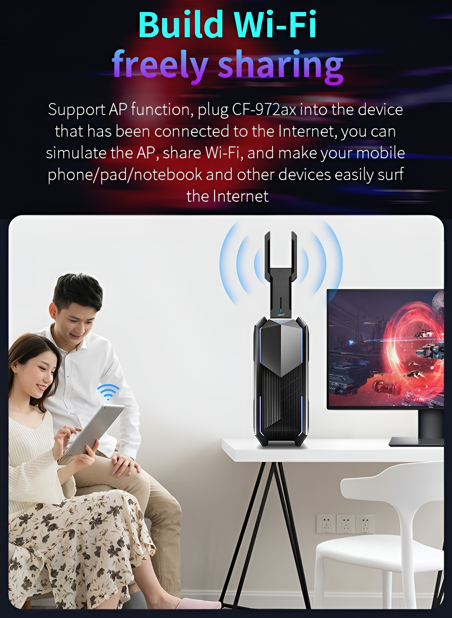 Paar, das ein Wi-Fi-Gerät benutzt. Ein Computerbildschirm ist im Hintergrund sichtbar.