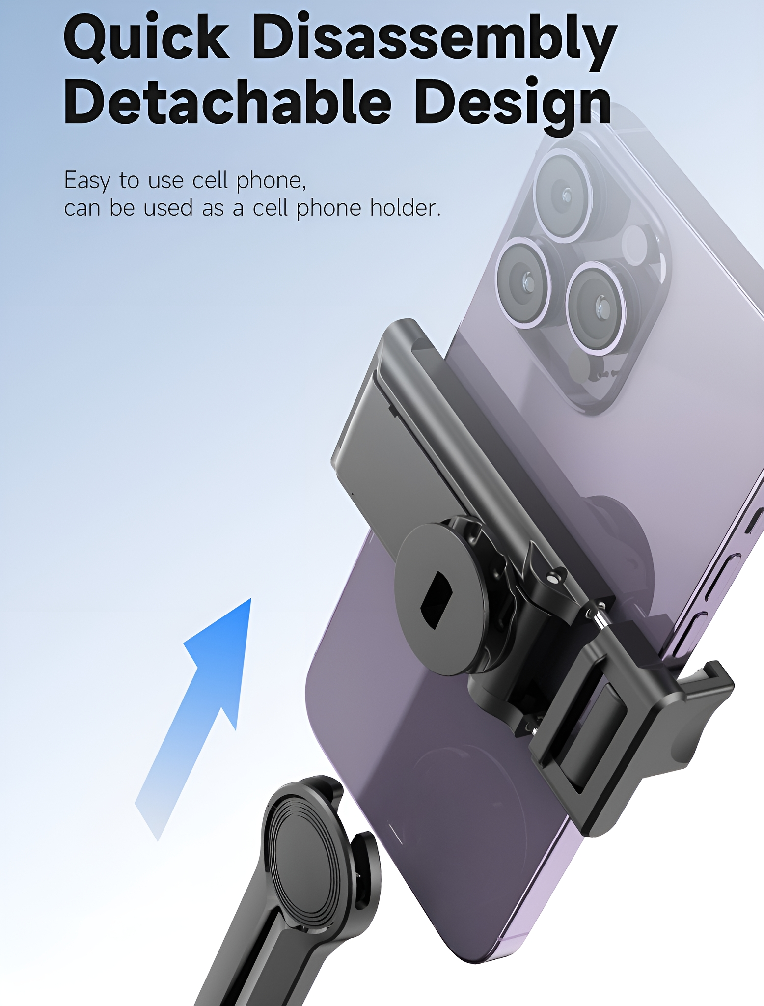 Abnehmbarer Telefonhalter an einem lila Telefon befestigt, zeigt, wie er verwendet und abgenommen werden kann.