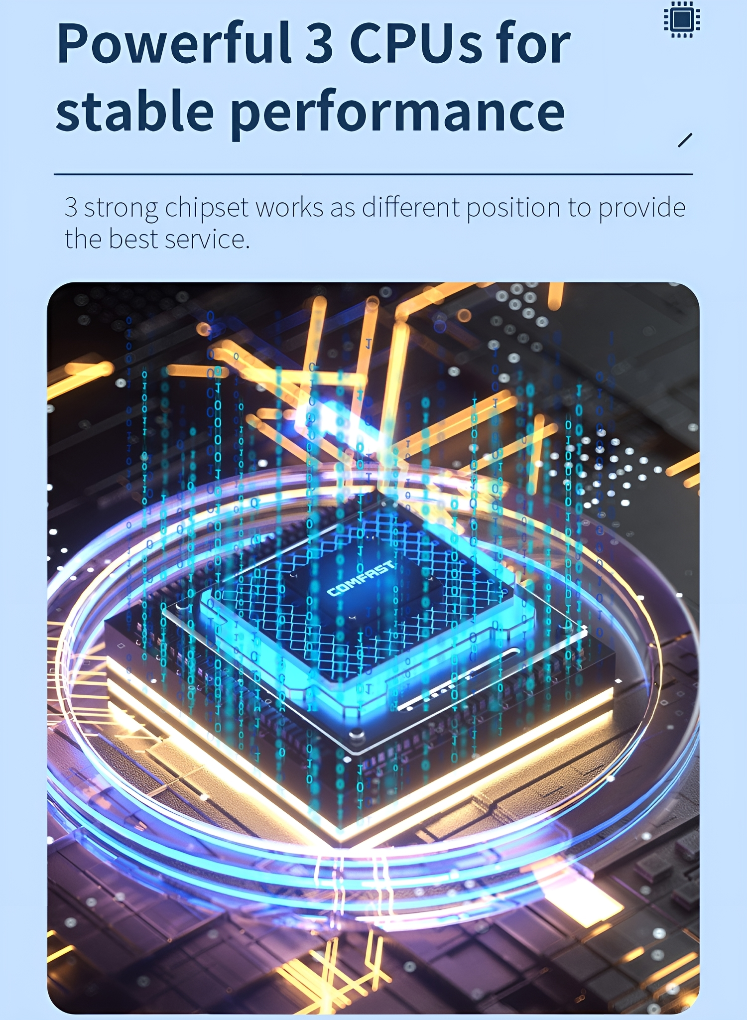 Nahaufnahme einer CPU. Blaues Licht und digitaler Code um einen zentralen Prozessor.
