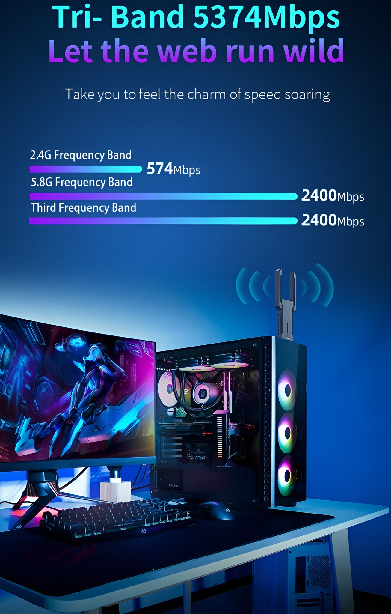 Auf einem Schreibtisch steht ein PC-Setup. Der Bildschirm ist schwarz, und ein Router sitzt oben auf dem PC-Tower.