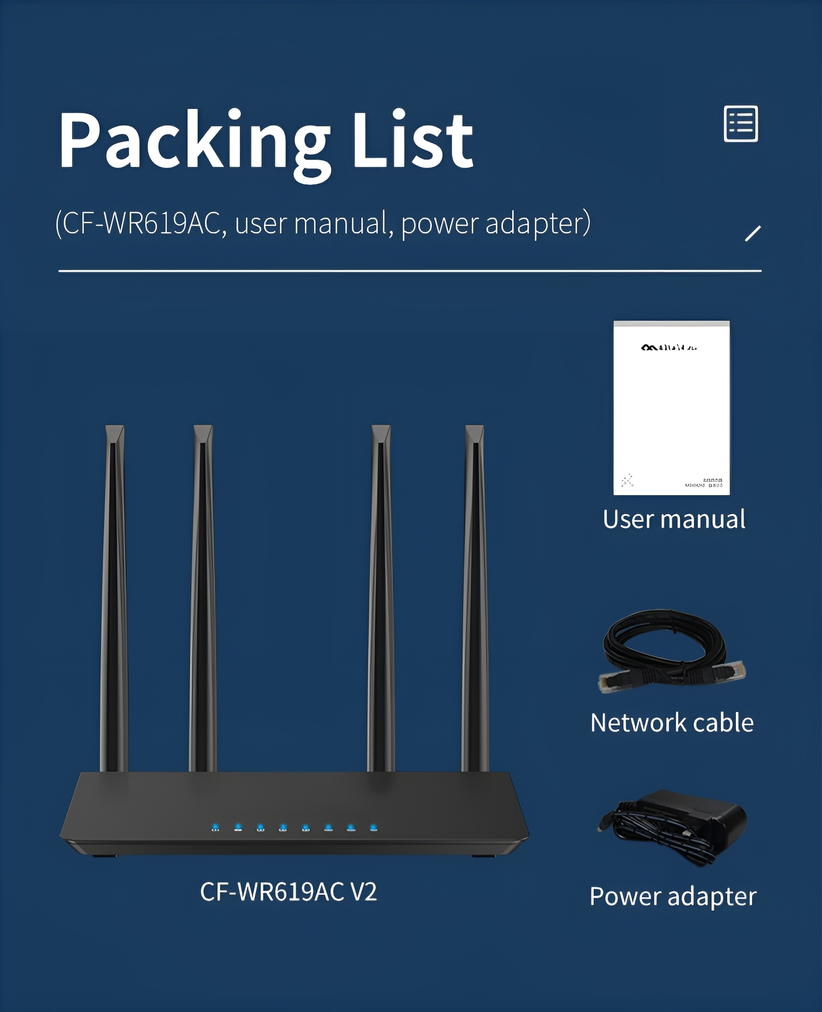 Packliste für einen Router. Enthält einen Router, eine Bedienungsanleitung, ein Netzwerkkabel und ein Netzteil, auf blauem Hintergrund.