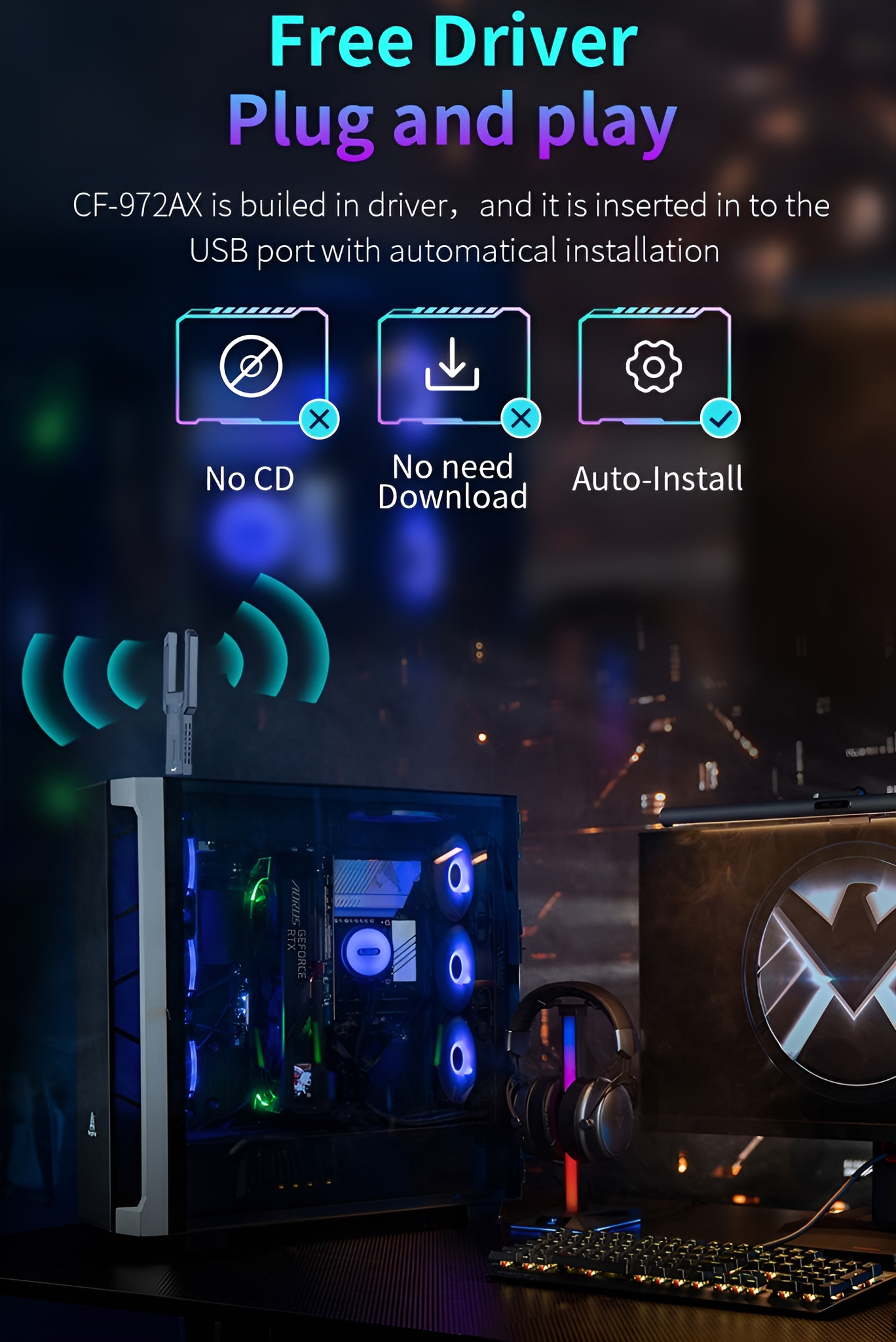 Ein Computergehäuse und drei Symbole mit Beschriftungen: Keine CD, Kein Download erforderlich, Automatische Installation.