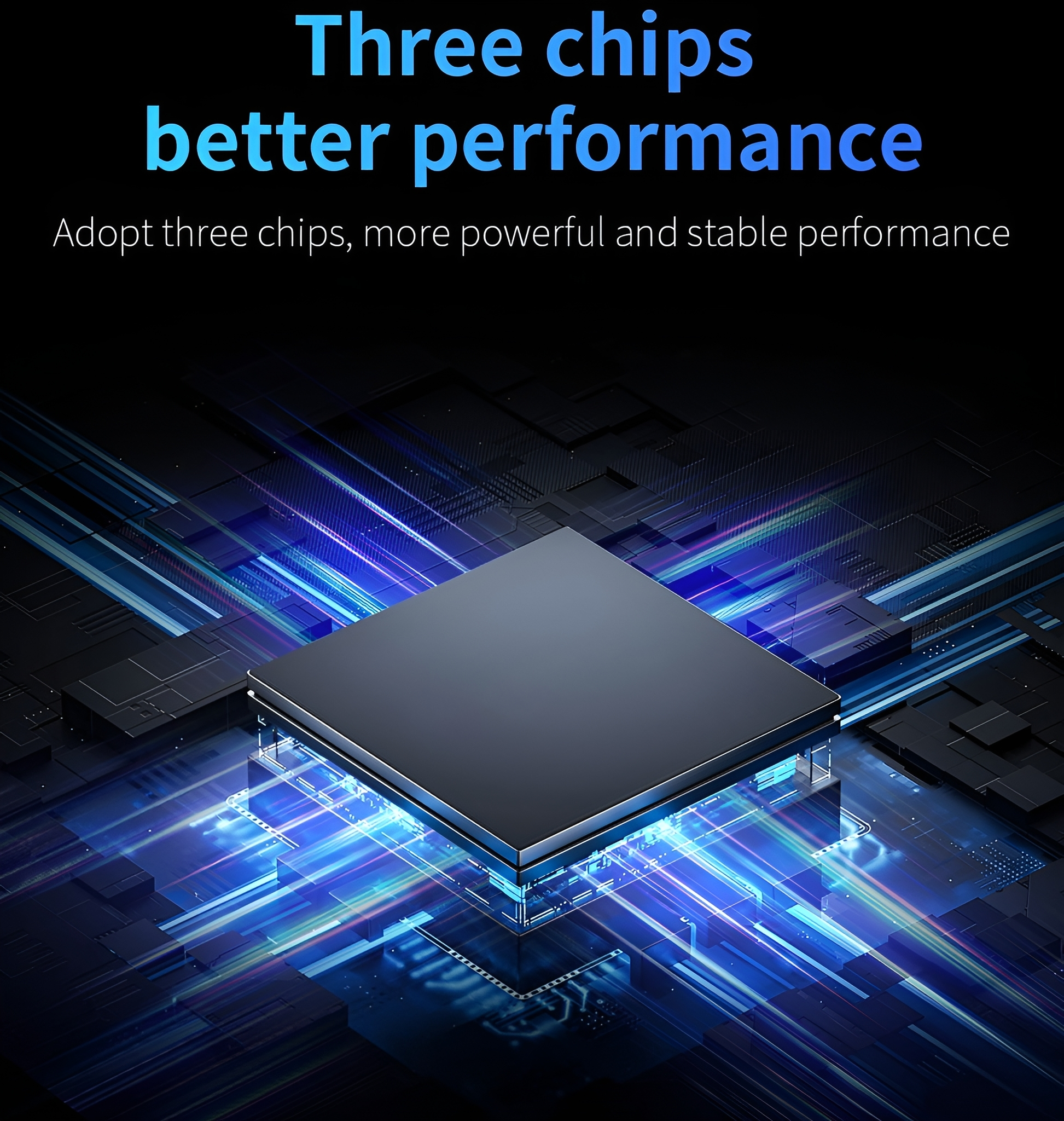 Nahaufnahme eines Computerchips mit blauen Lichteffekten. Der Chip befindet sich in einer blau beleuchteten Umgebung.
