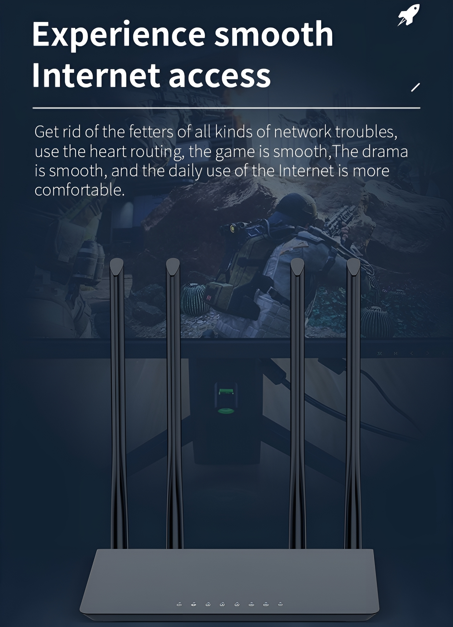Ein schwarzer Router mit Antennen. Der Router steht auf einer dunklen Oberfläche. Text über Internetzugang wird angezeigt.