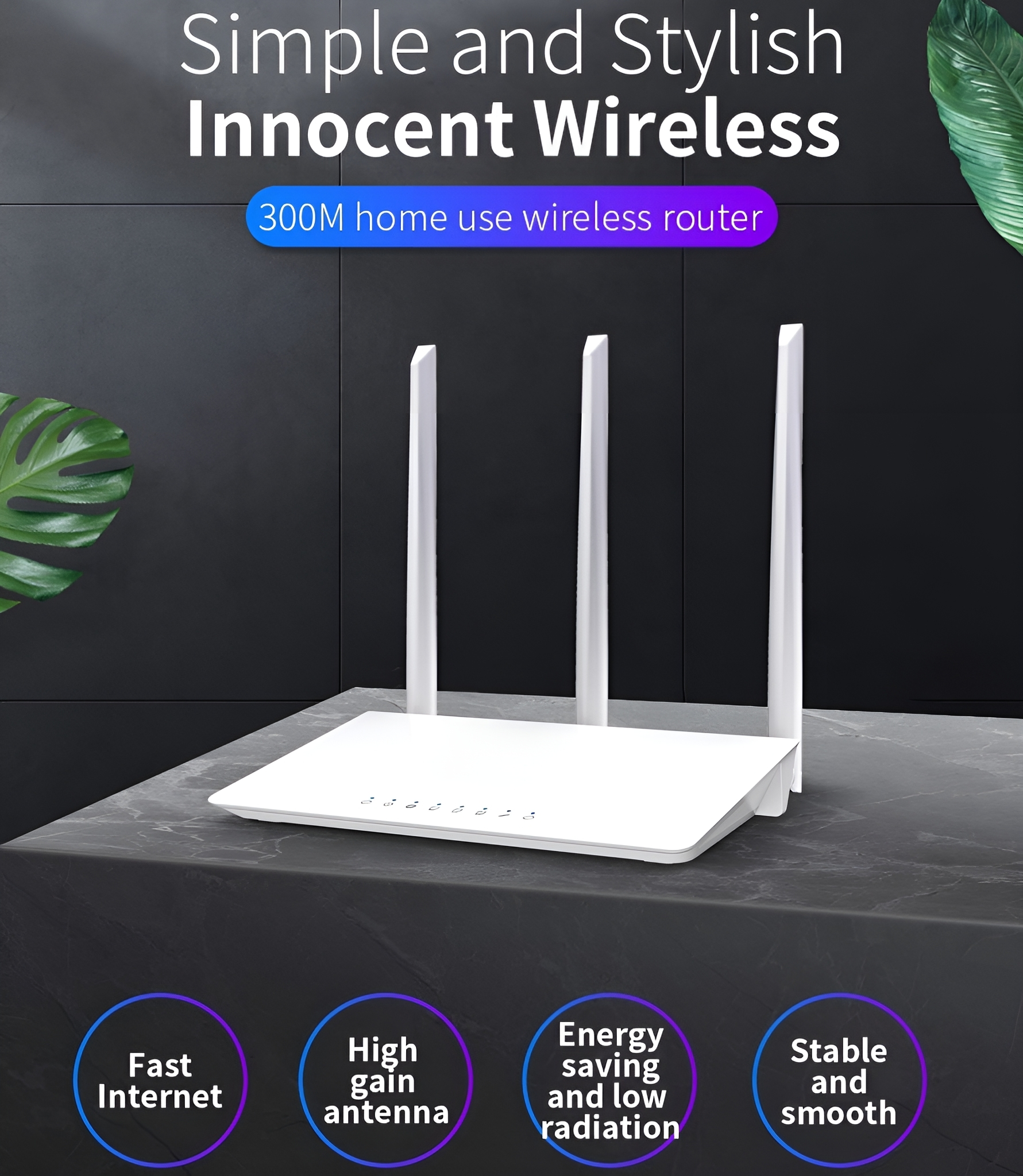 Weißer WLAN-Router mit drei Antennen. Der Router steht auf einer dunklen Oberfläche mit Text darunter.
