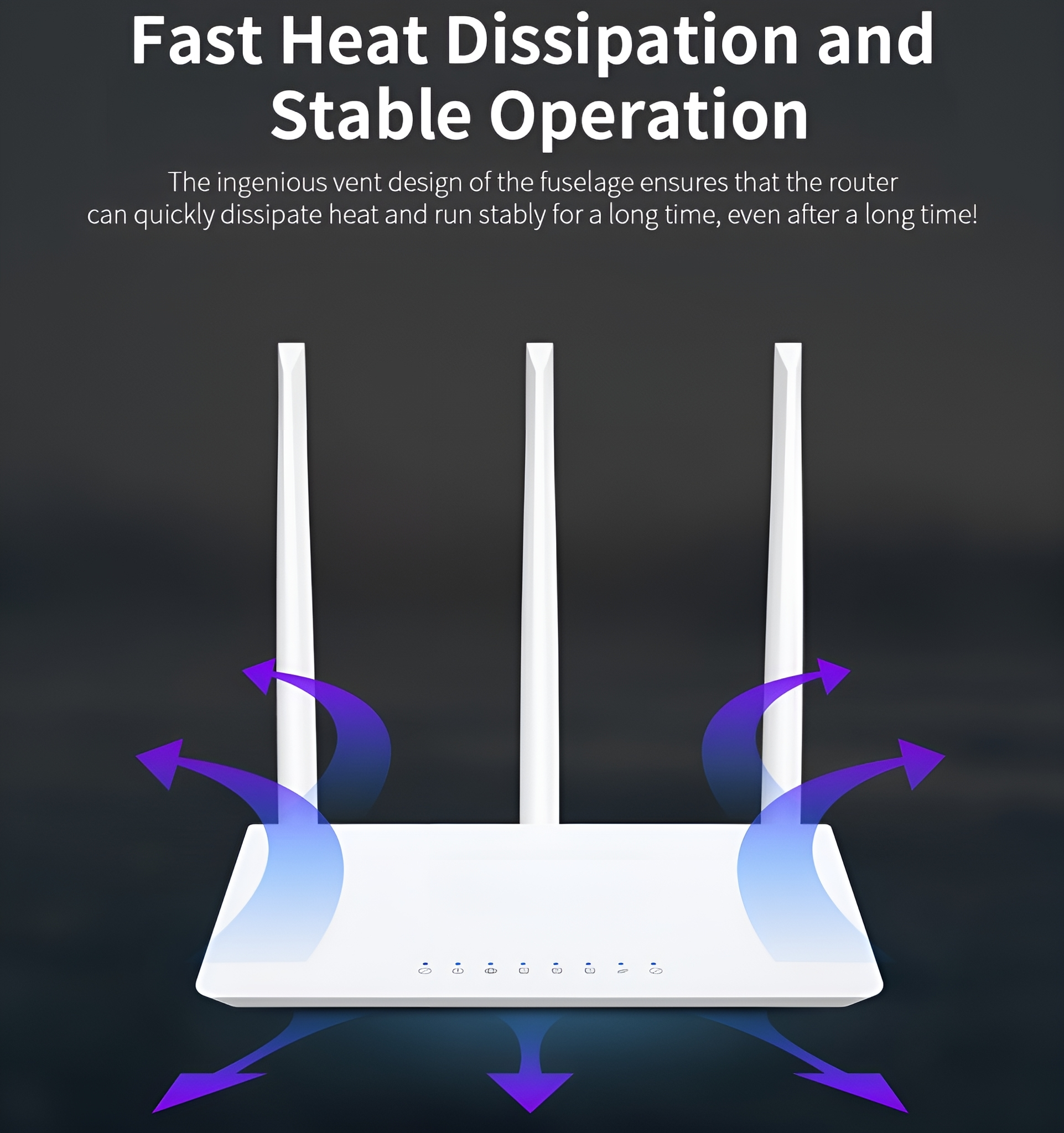 Weißer Router mit drei Antennen, mit blauen Pfeilen, die den Luftstrom anzeigen, vor dunklem Hintergrund.
