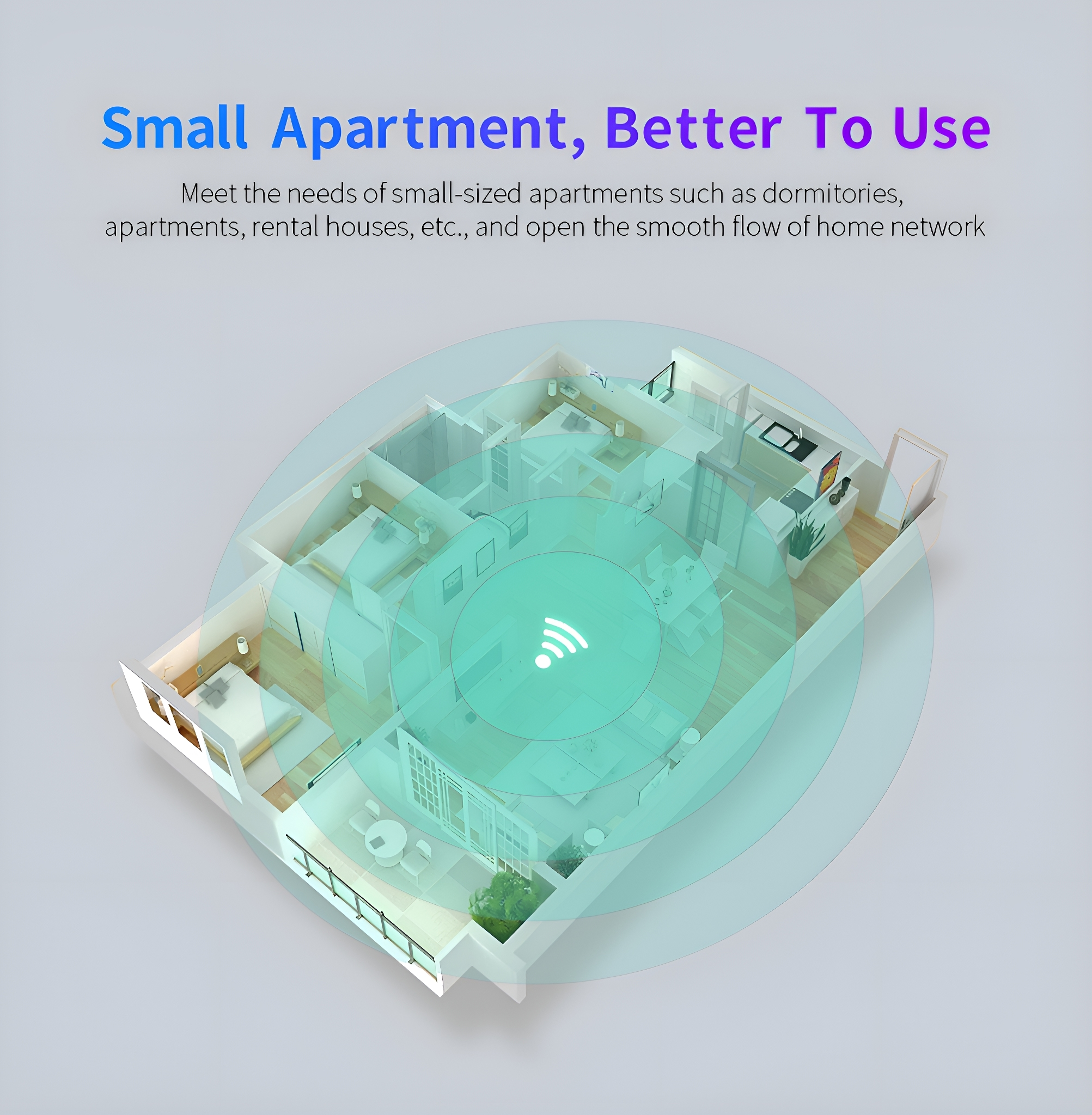 Architektonische Darstellung einer Wohnung mit WLAN-Signal. Text: 'Small Apartment, Better To Use'.