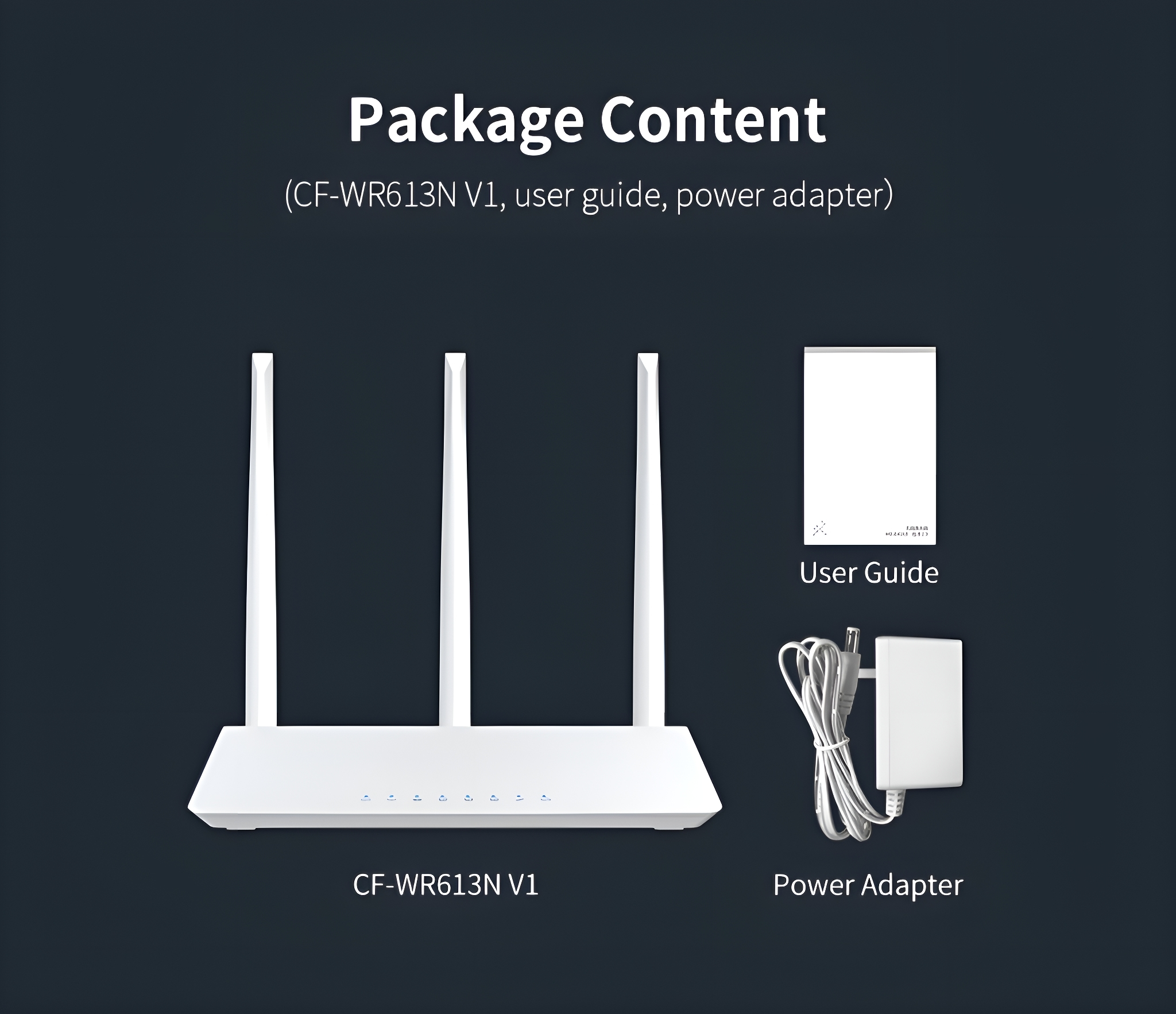 Router und Zubehör: Benutzerhandbuch, Netzteil auf dunklem Hintergrund.