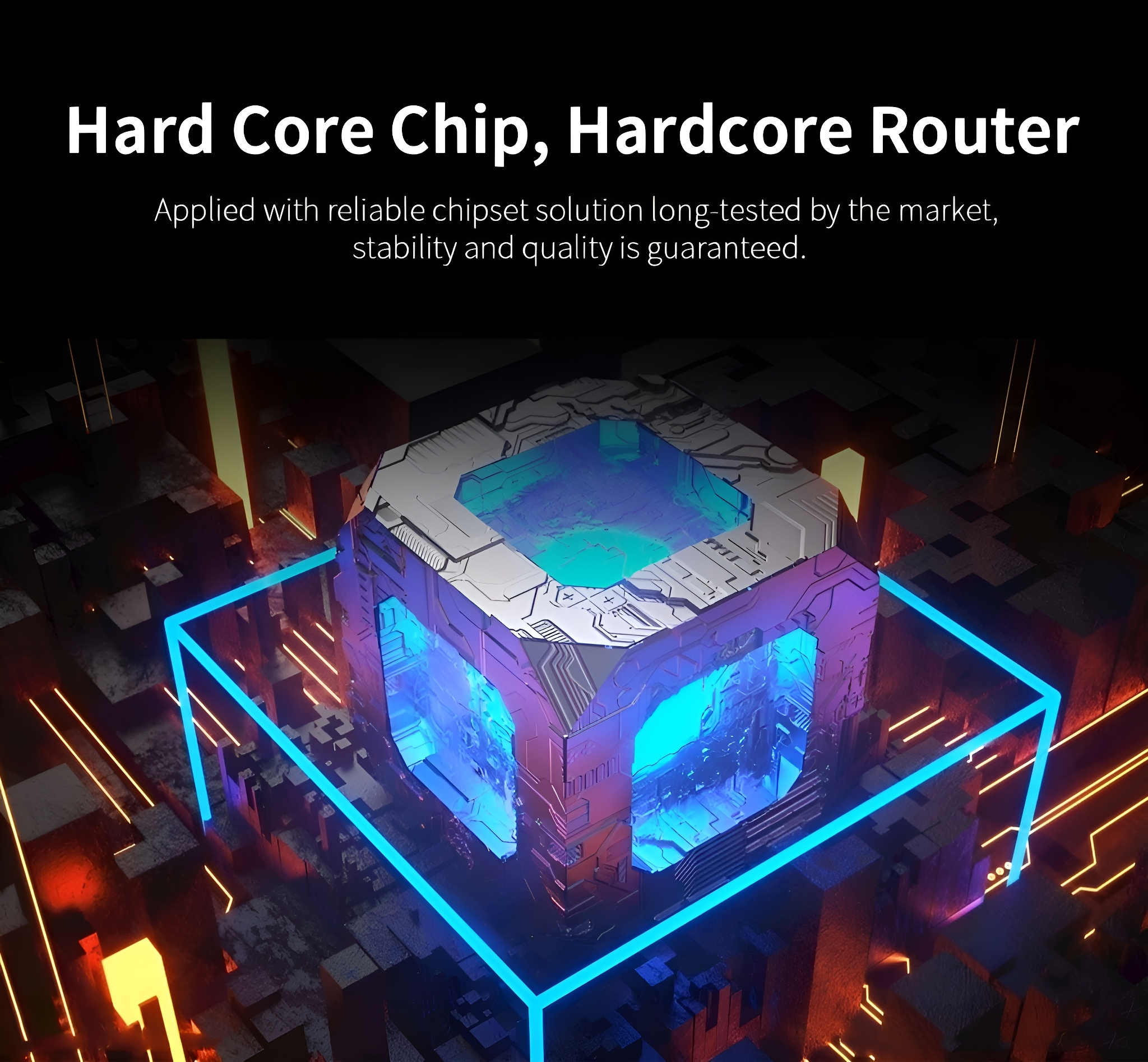 Ein technisches Gerät mit blauer Umrandung, das eine Hardcore-Chip- und Router-Funktion darstellt.