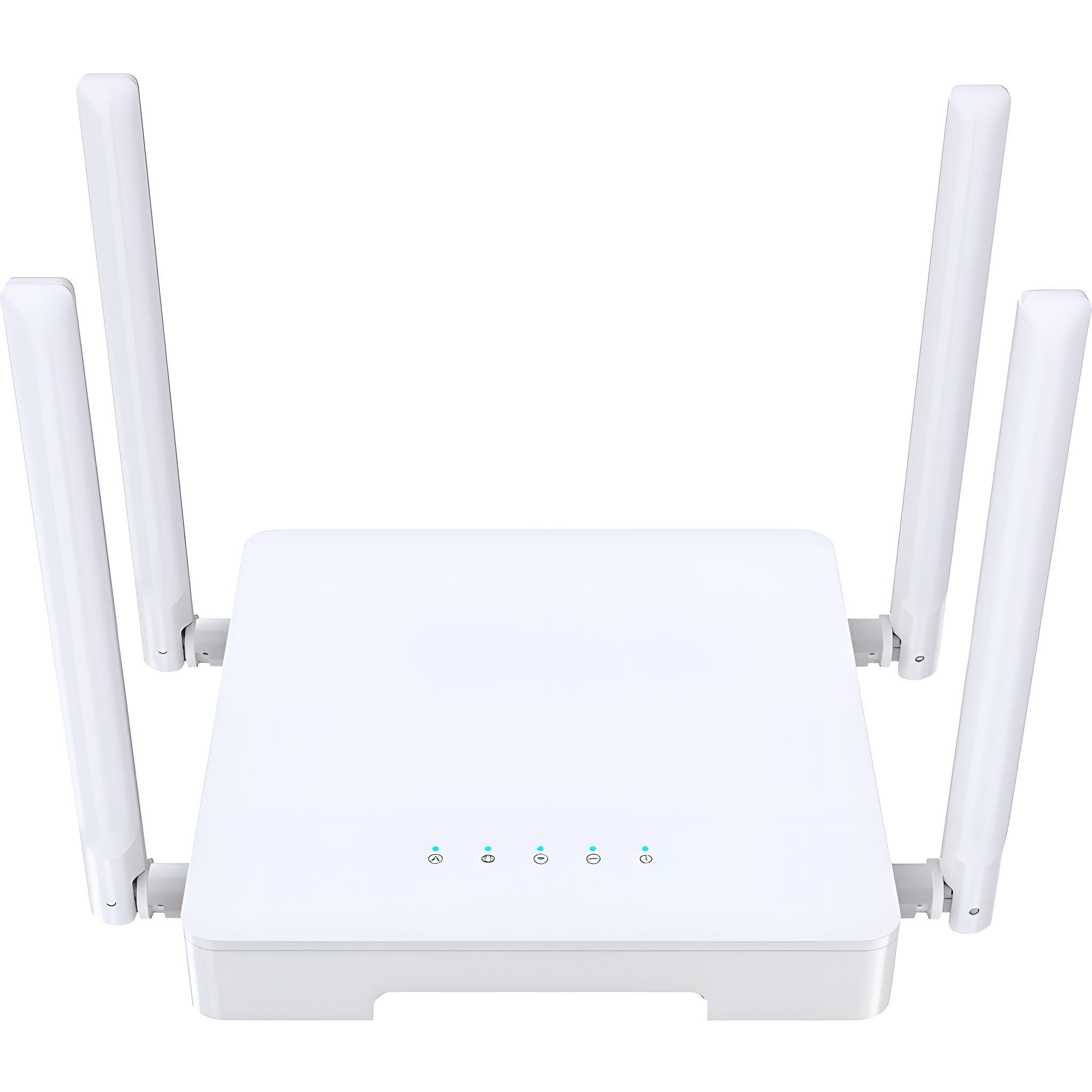 Weißer Router mit vier Antennen. Er hat drei kleine Lichter auf seiner Oberfläche.