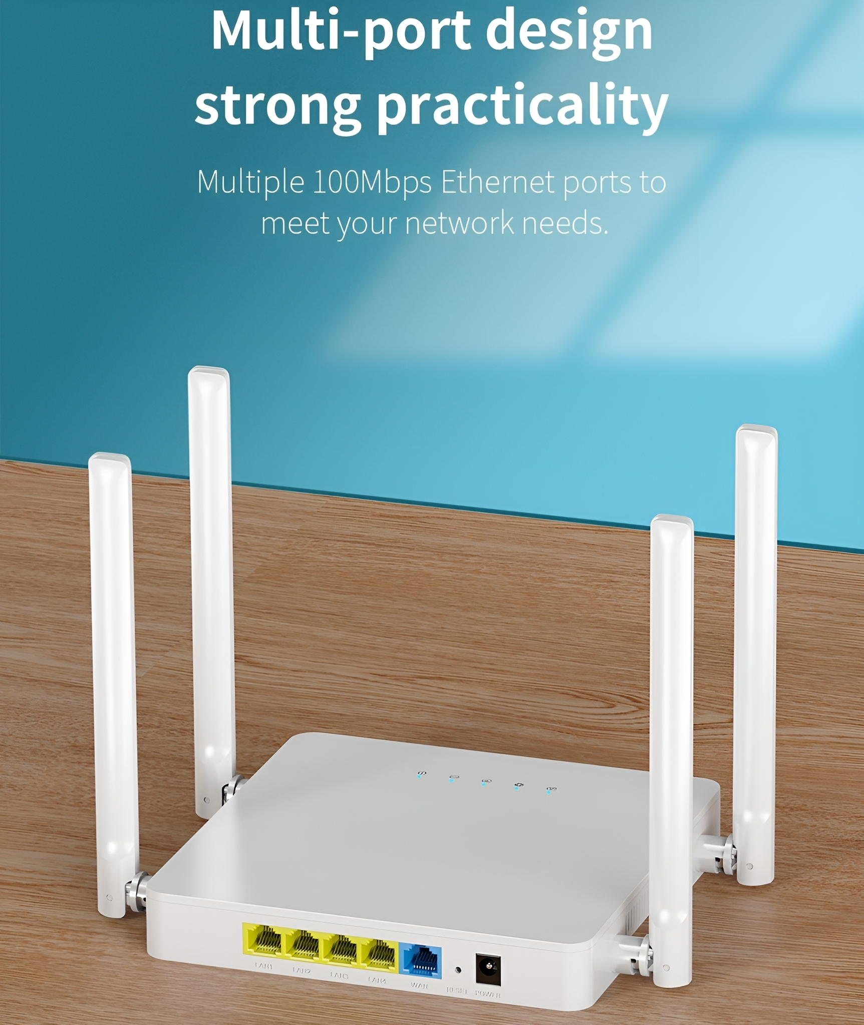 Ein weißer Router mit mehreren Antennen und Anschlüssen mit Text über Netzwerkbedürfnisse.