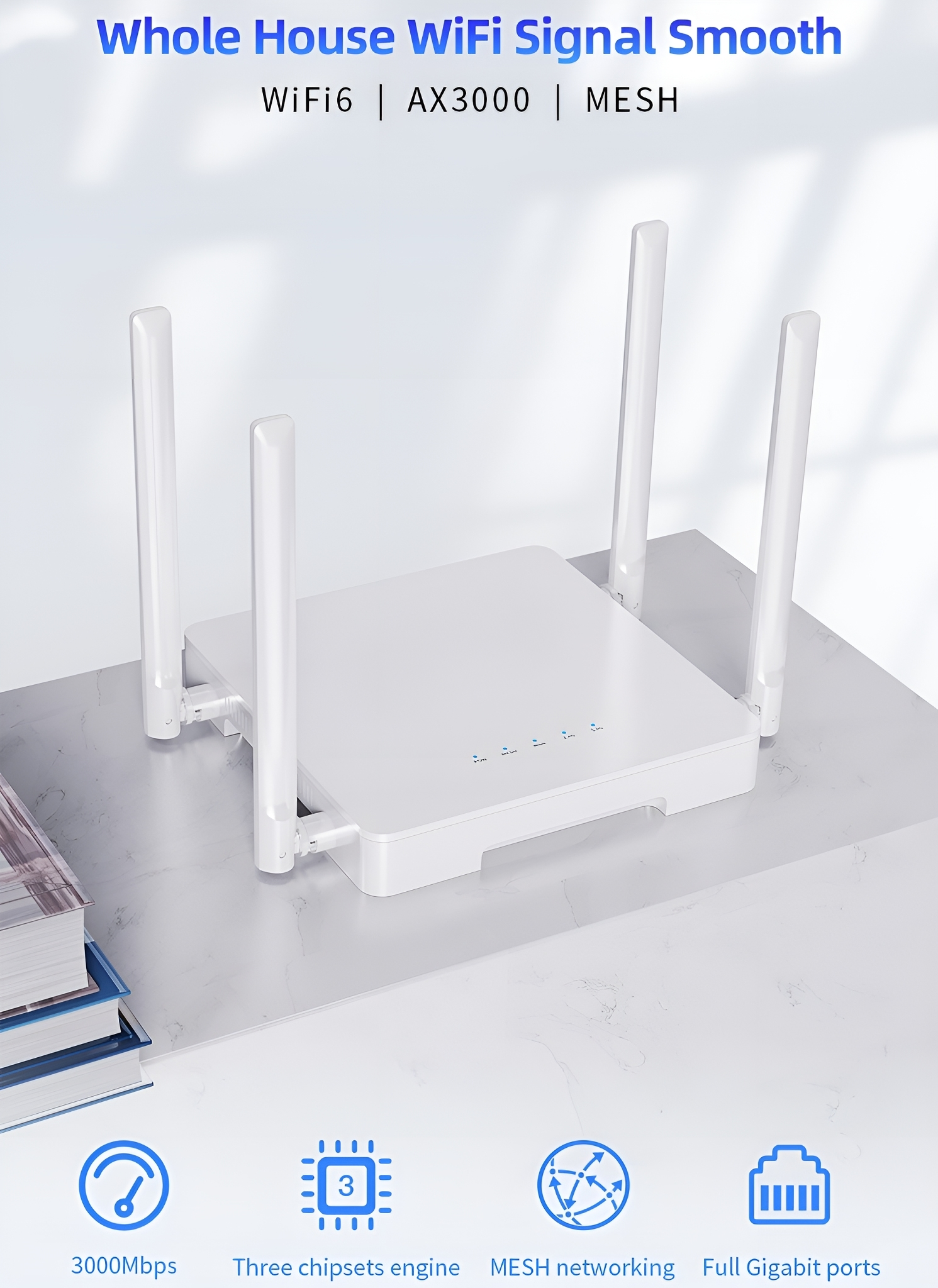 Weißer WLAN-Router mit Antennen auf einem Tisch mit Büchern.