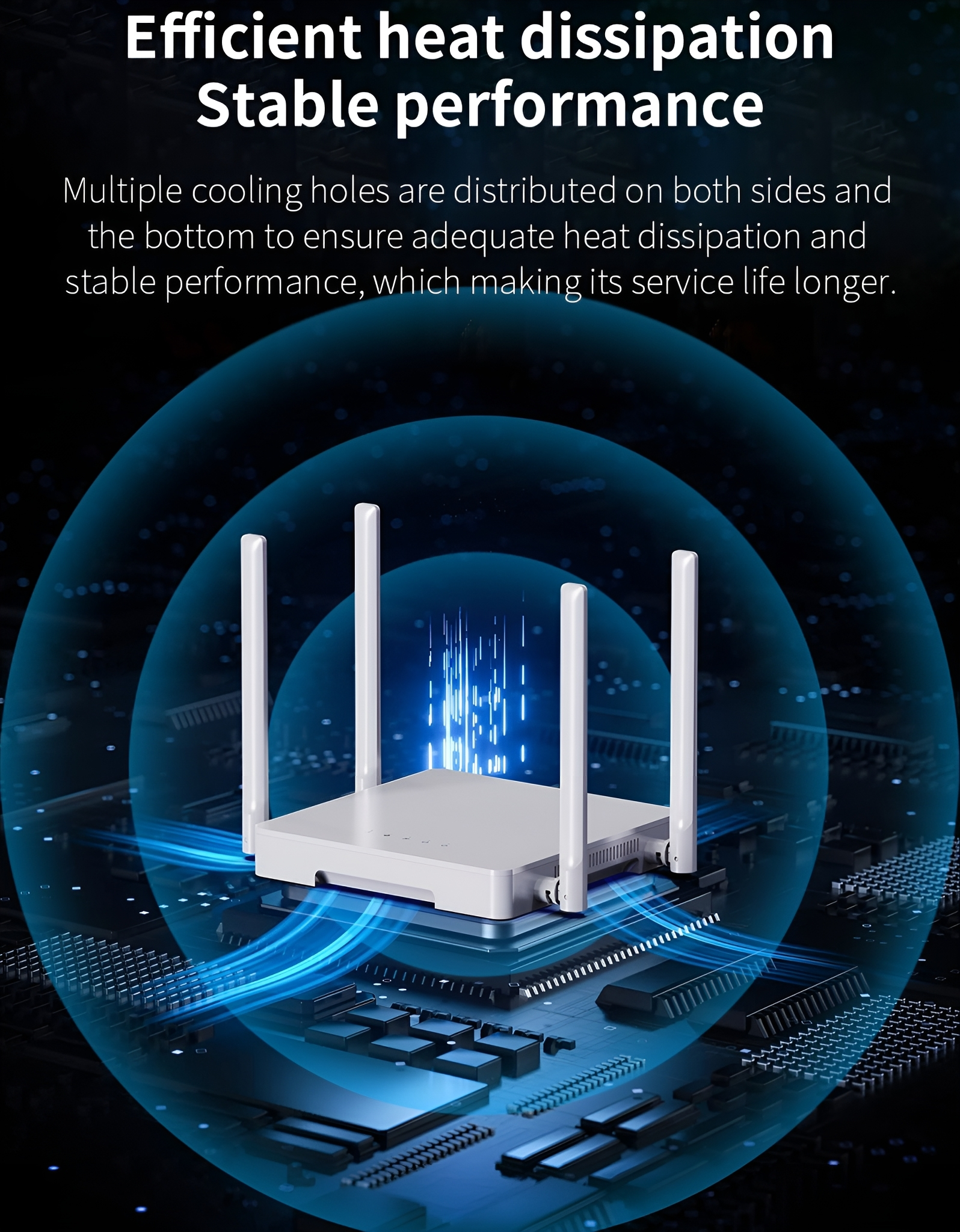 Weißer Router mit vier Antennen. Blaues Licht strahlt aus. Text über Wärmeableitung und Leistung.