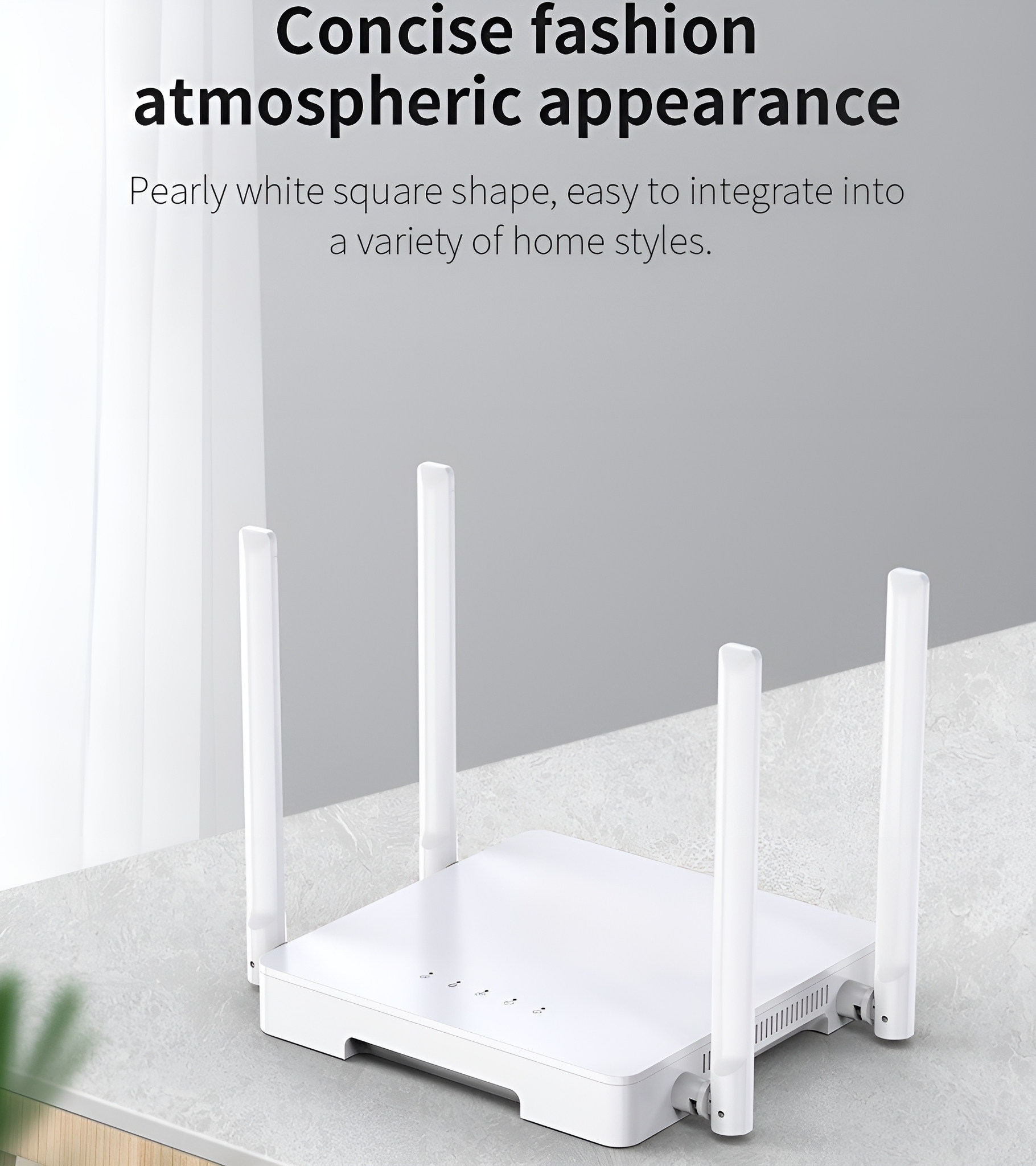 Weißer Router mit vier Antennen, auf Marmoroberfläche, mit Beschreibung, weißer Hintergrund.