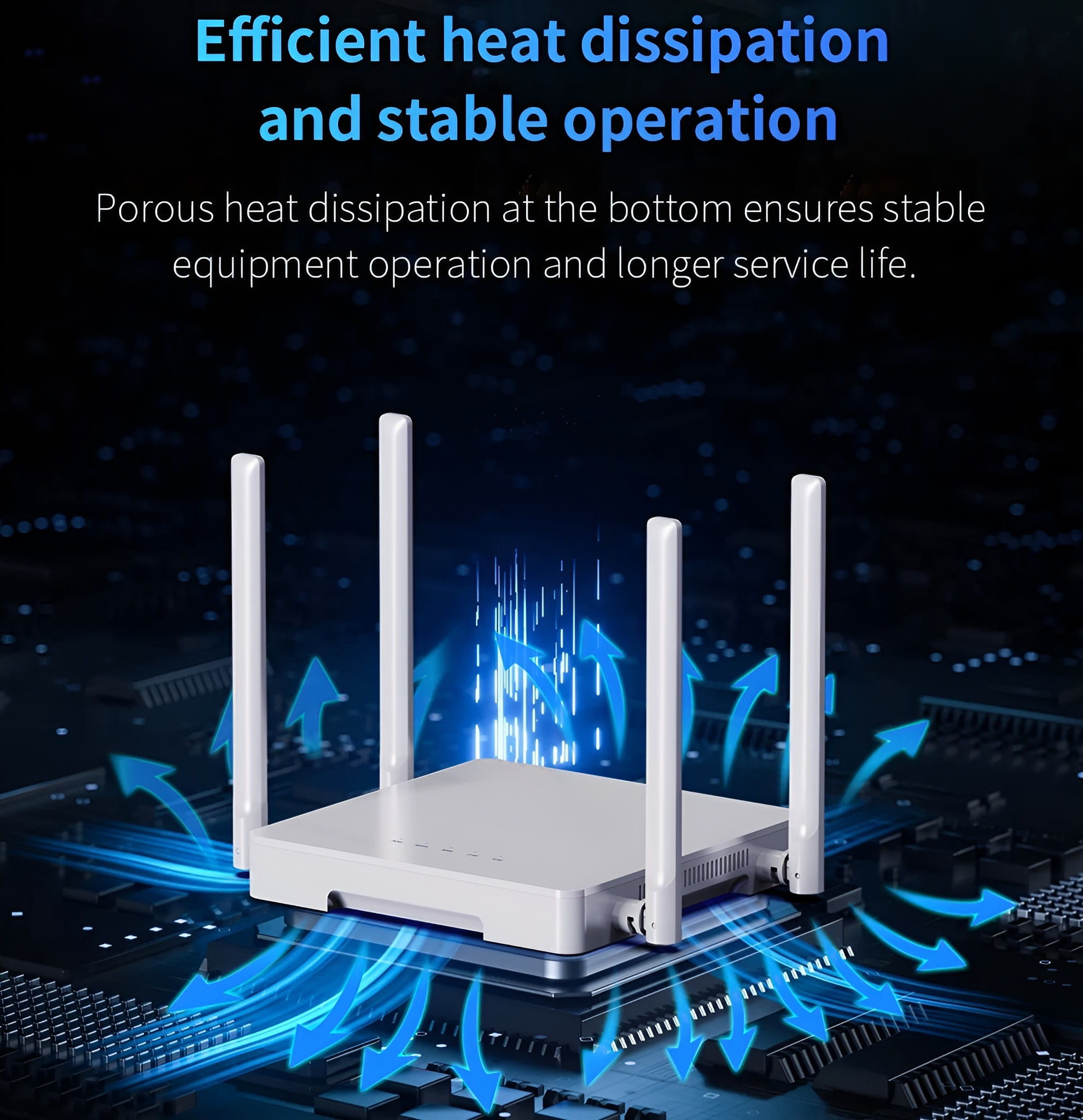 Weißer Router mit Antennen. Blaue Pfeile zeigen den Luftstrom. Schwarzer Hintergrund.
