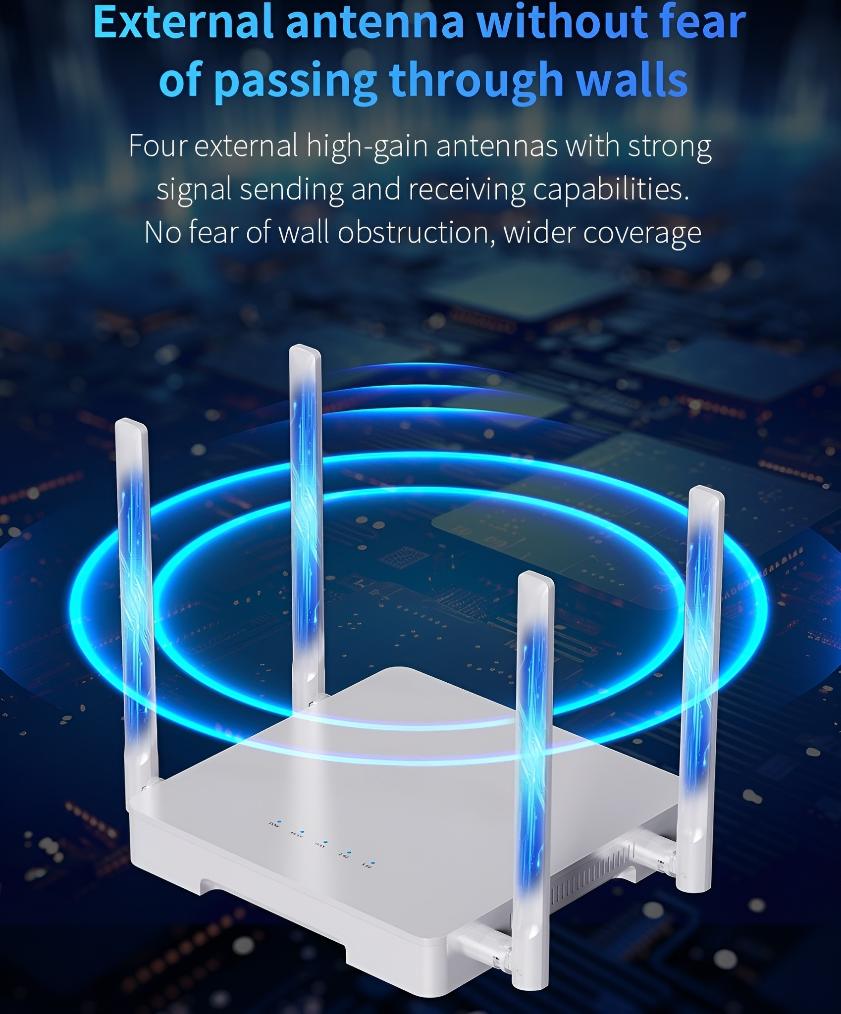 WLAN-Router mit vier Antennen, die blau leuchten. Er hat eine weiße Basis.