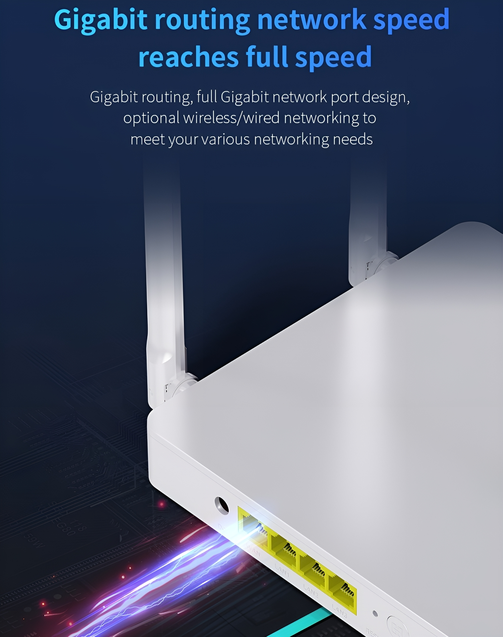 Ein weißer Router mit vier gelben Anschlüssen. Das Bild konzentriert sich auf die Anschlüsse und die Seite des Routers.