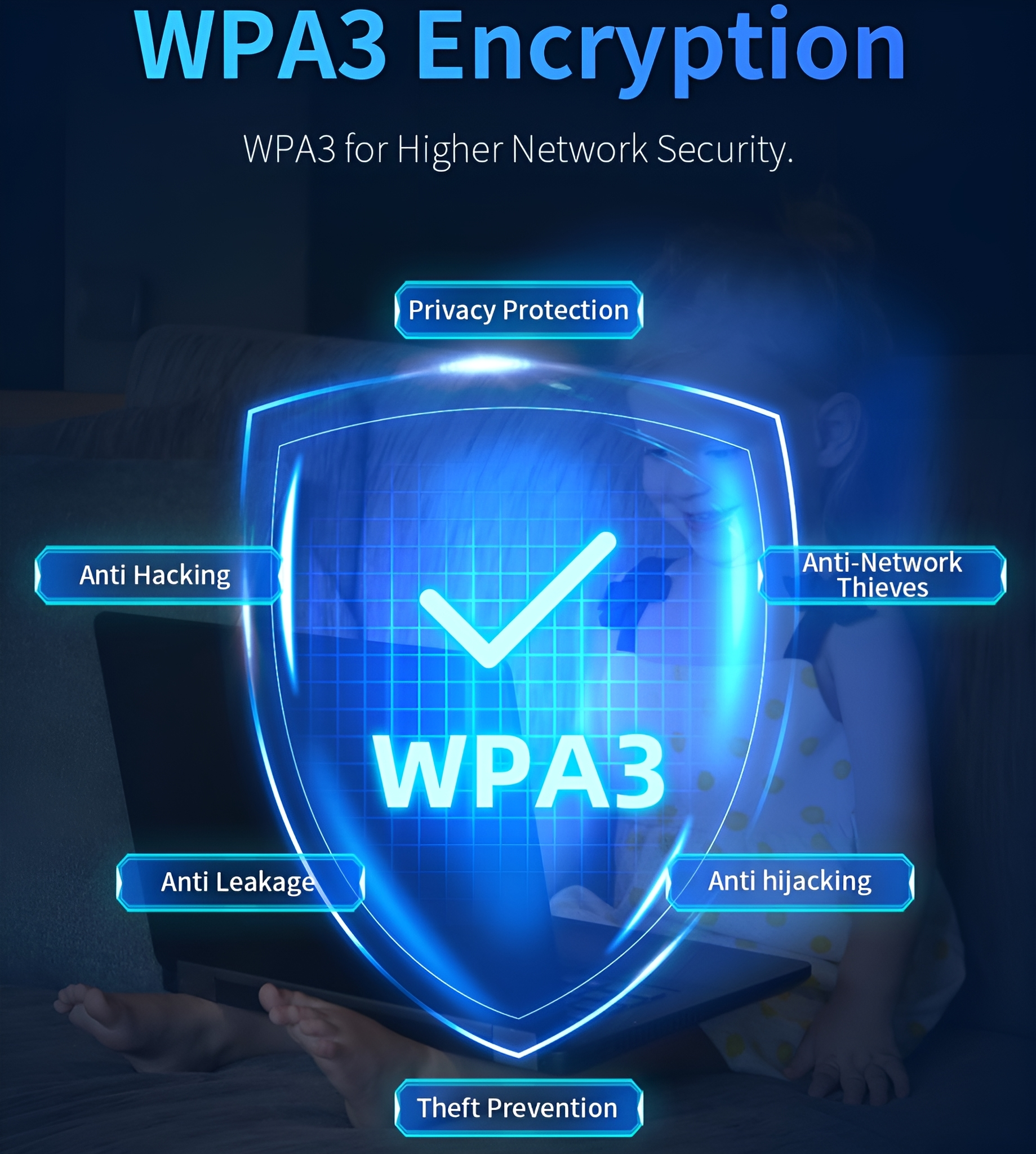 Eine Illustration der WPA3-Verschlüsselung mit Sicherheits-Icons und einem Kind, das einen Laptop benutzt.