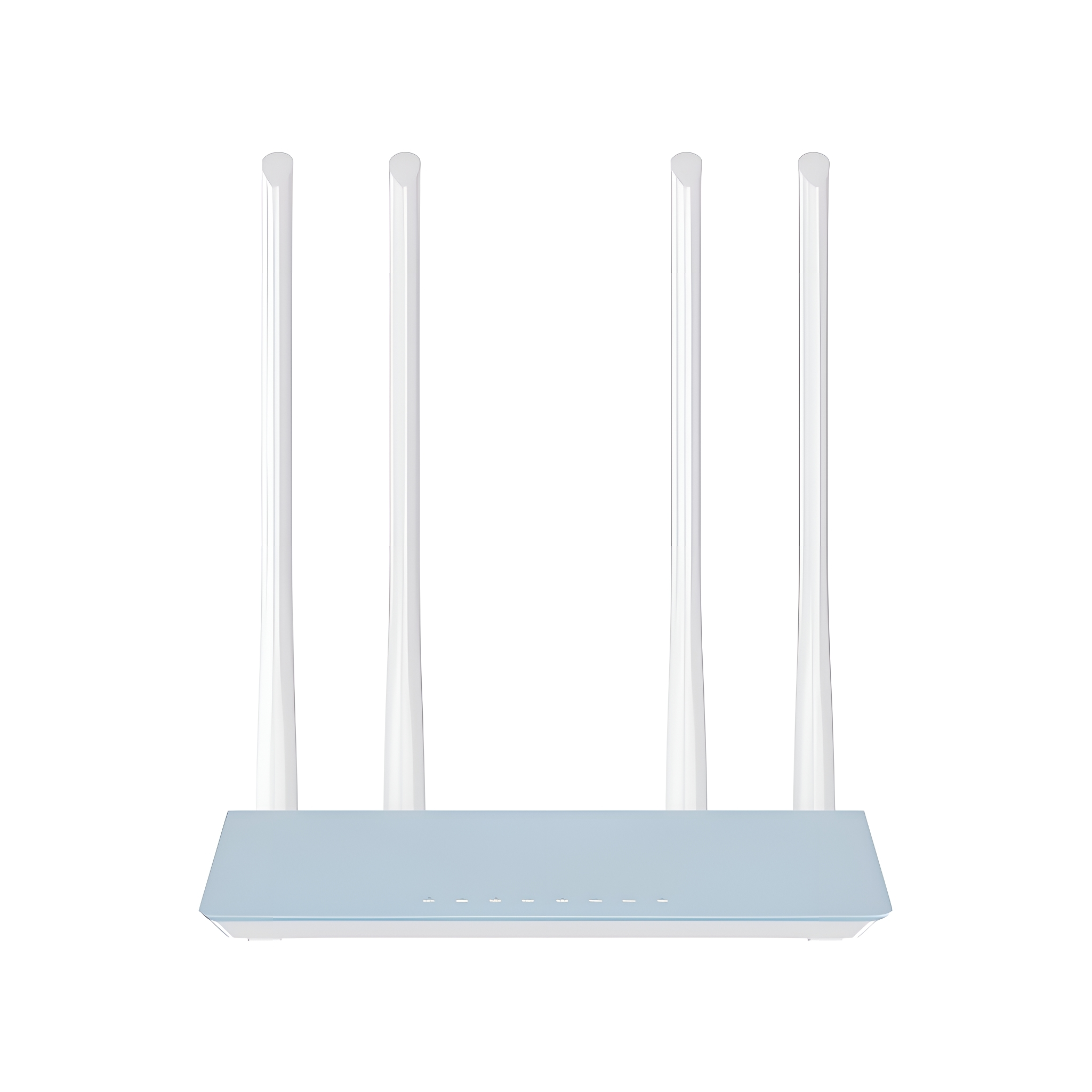 Ein hellblauer Router mit vier weißen Antennen. Er steht auf einer weißen Oberfläche.