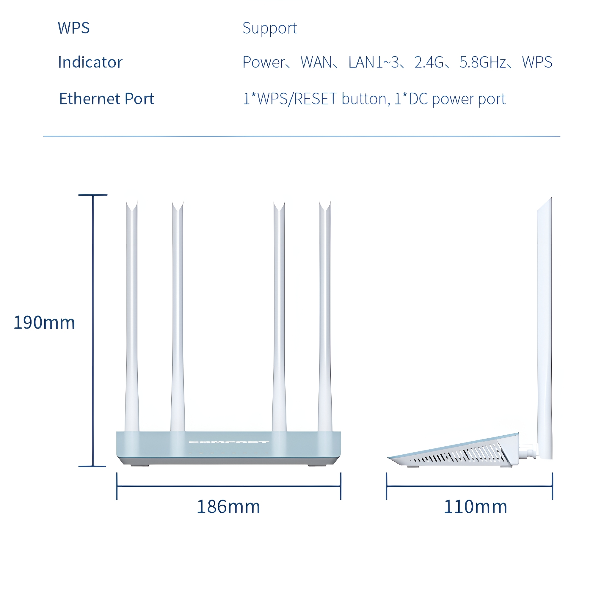 Diagramm eines WLAN-Routers. Zeigt Abmessungen, Antennenpositionen und Anschlüsse.