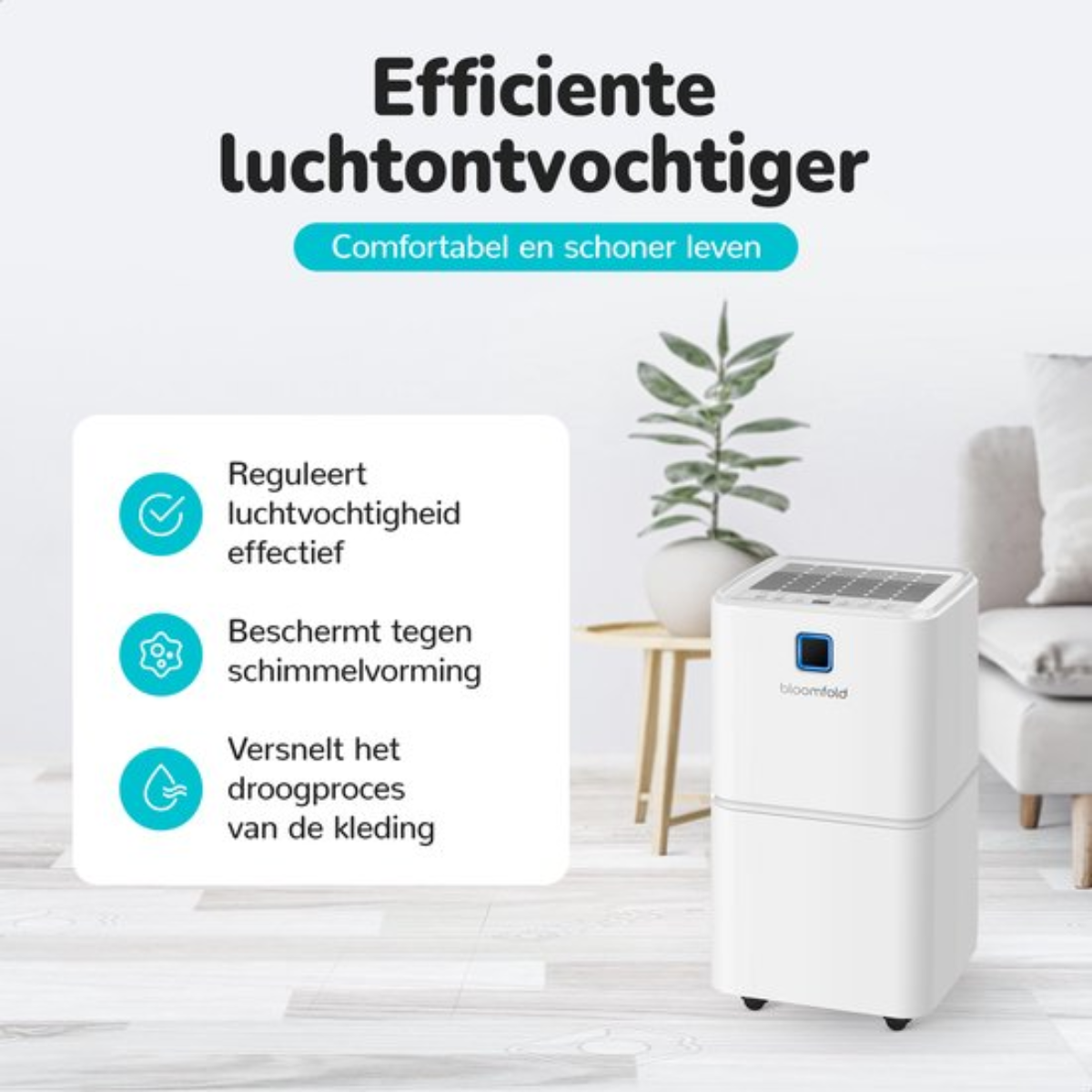 Weiß-blauer Luftentfeuchter mit Text. Zeigt Funktionen und eine Pflanze im Hintergrund.