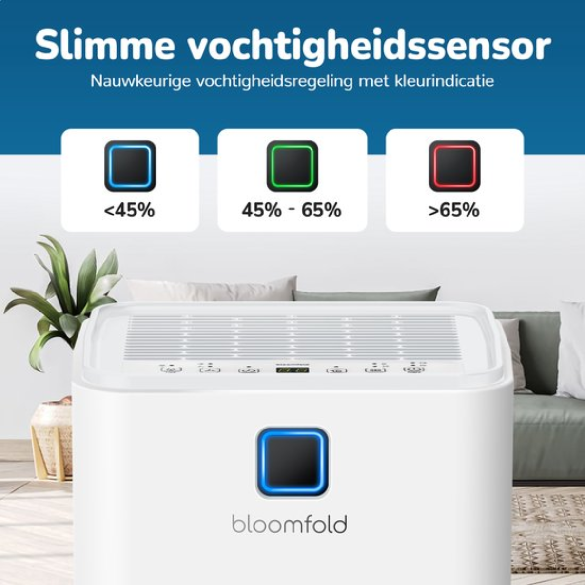 Weißer Luftreiniger mit farbcodierten Feuchtigkeitsanzeigen. Pflanze im Topf links.
