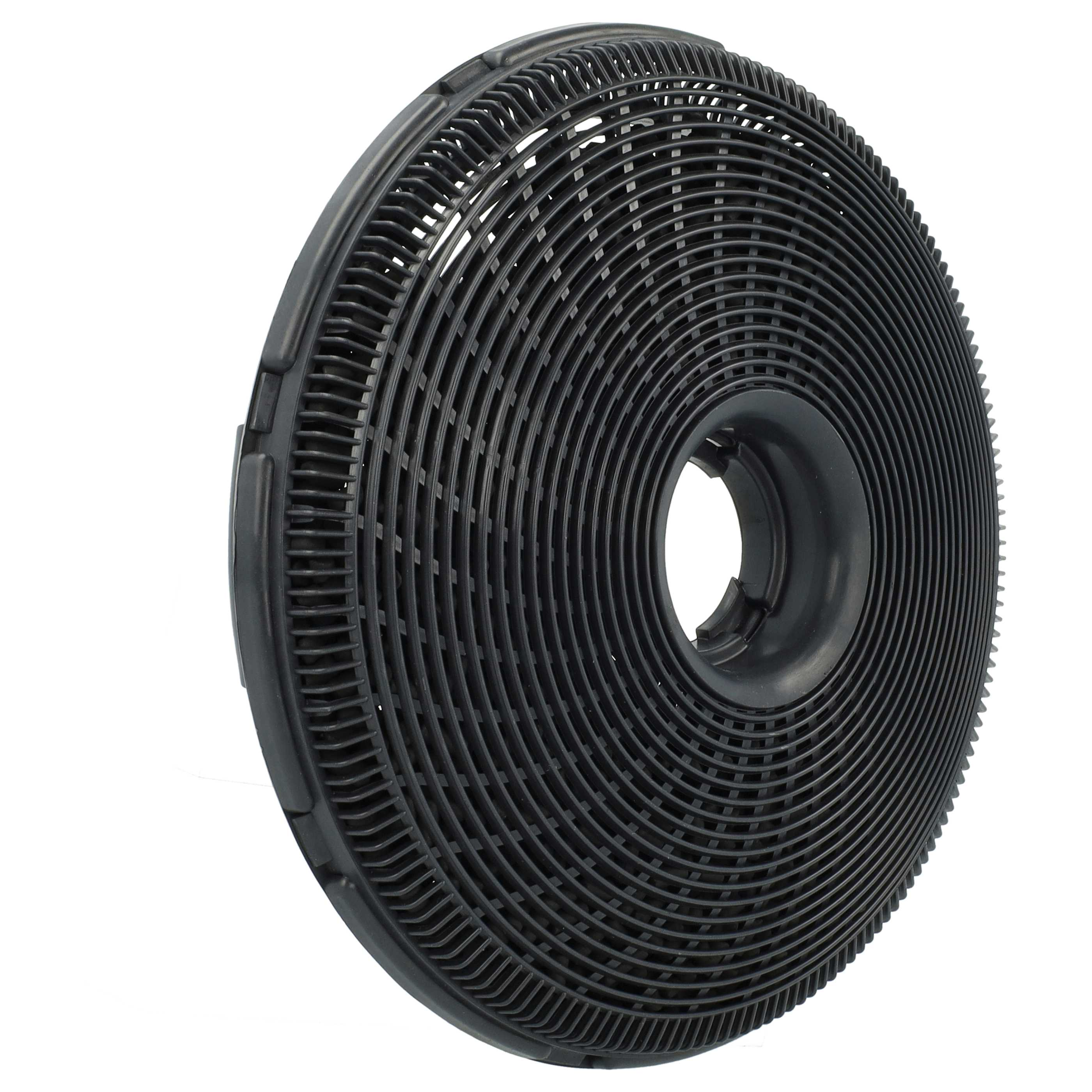 Schwarzer runder Luftfilter mit gebogenen Rippen. Der Filter hat ein großes Mittelloch und ist isoliert.