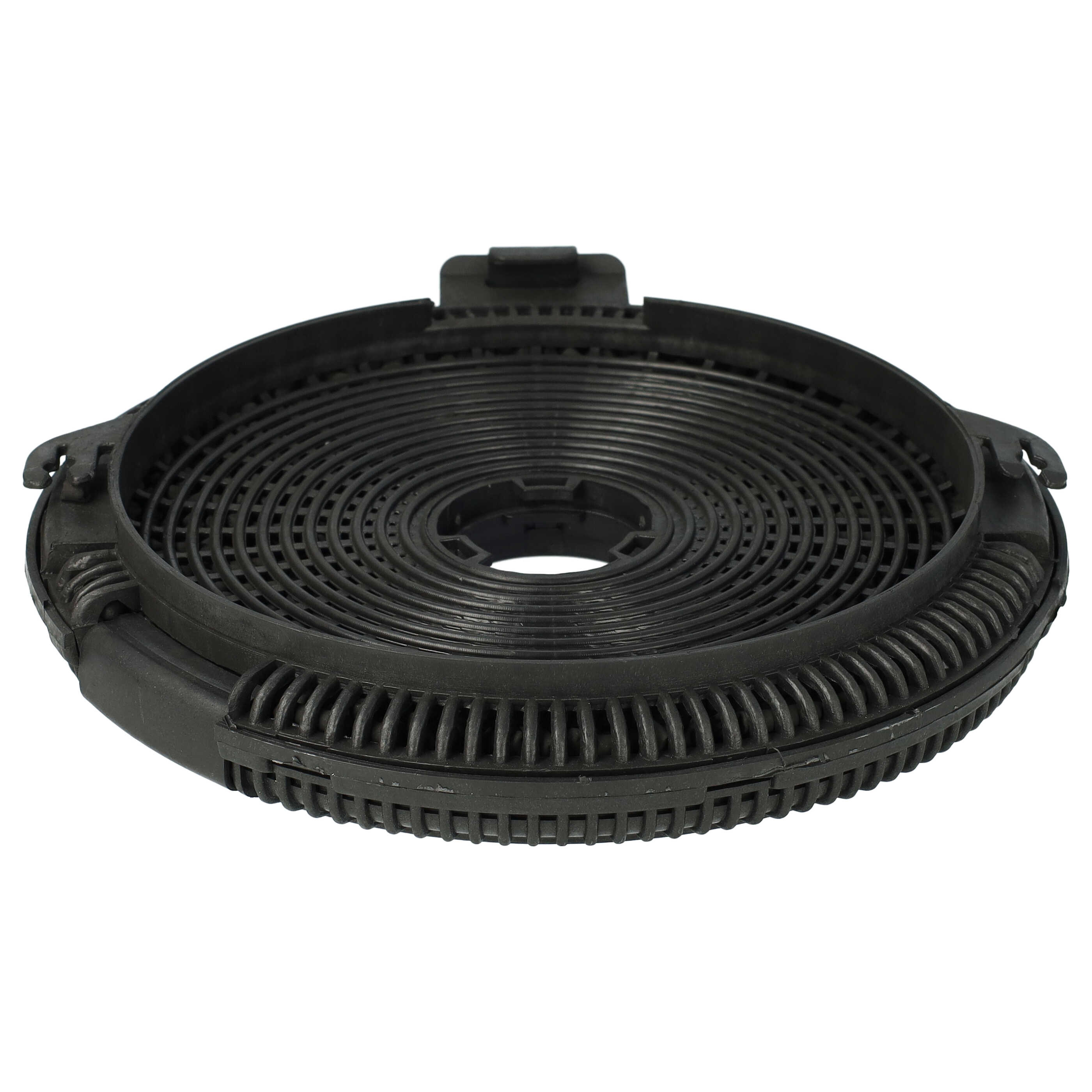 Schwarzer kreisförmiger Luftfilter. Mittelloch mit Spiraldesign. Gerippter Außenrand mit zwei Laschen.
