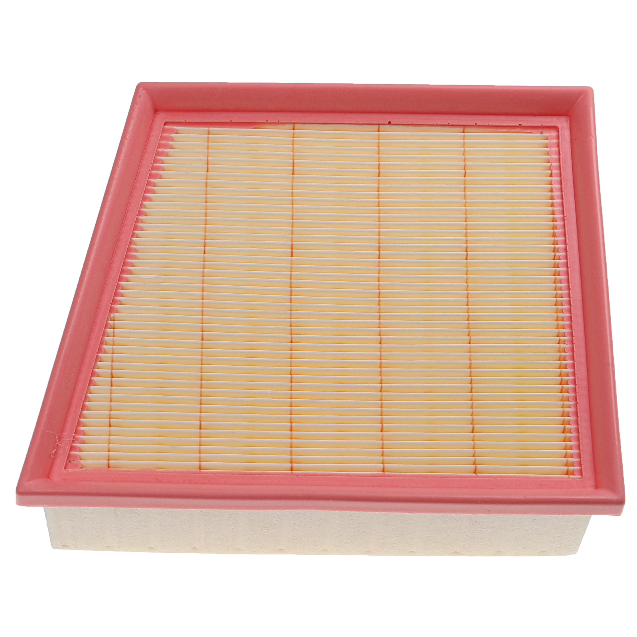 Rechteckiger Luftfilter mit rosa Rahmen und gelb-orangem Filtermedium. Draufsicht, freigestellt auf weißem Hintergrund.