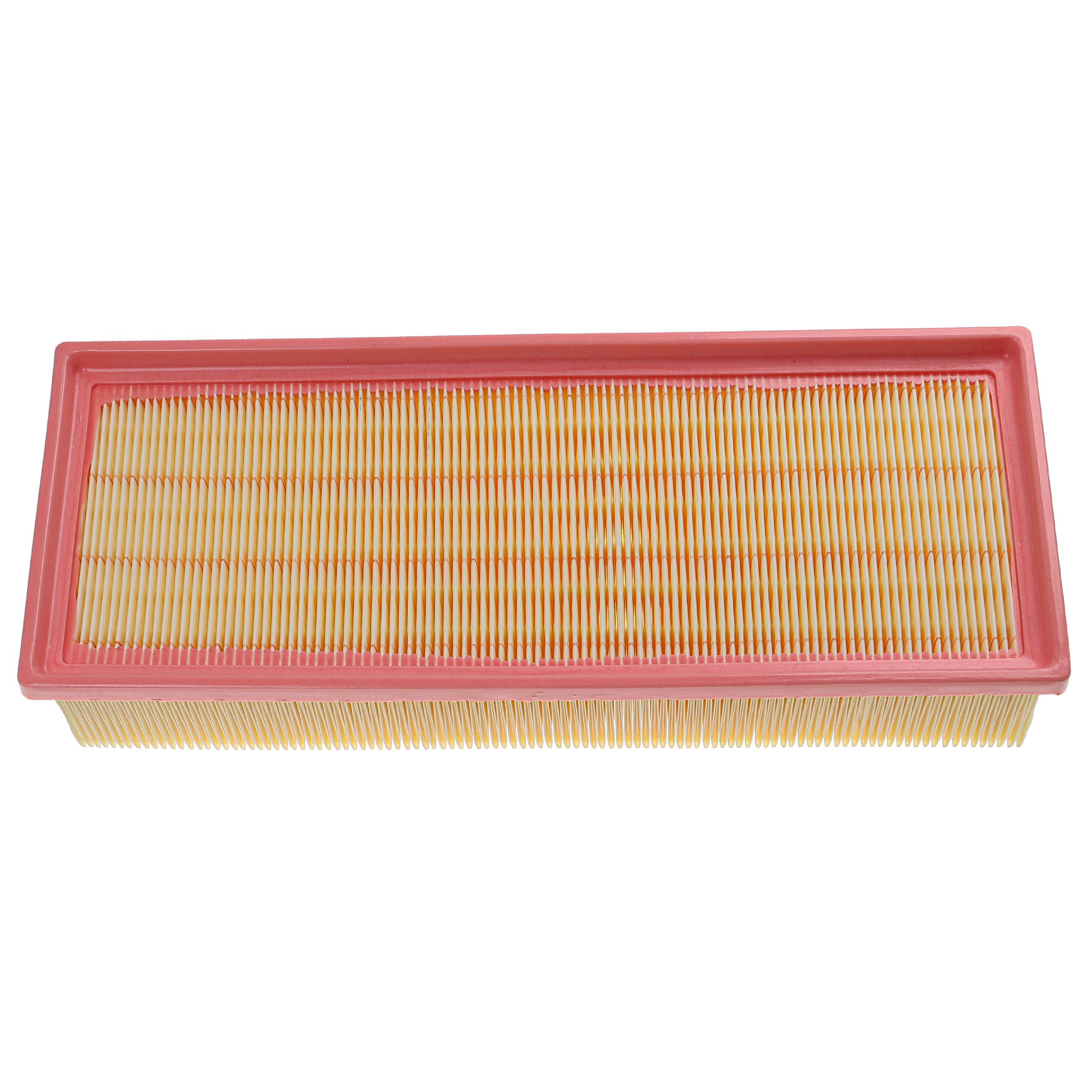 Rechteckiger Luftfilter mit gelbem Filterpapier und pinkfarbenem Rahmen, isoliert auf Weiß.